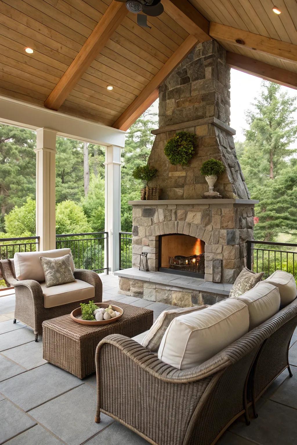 A rock hearth offers warmth and ambiance to the porch.