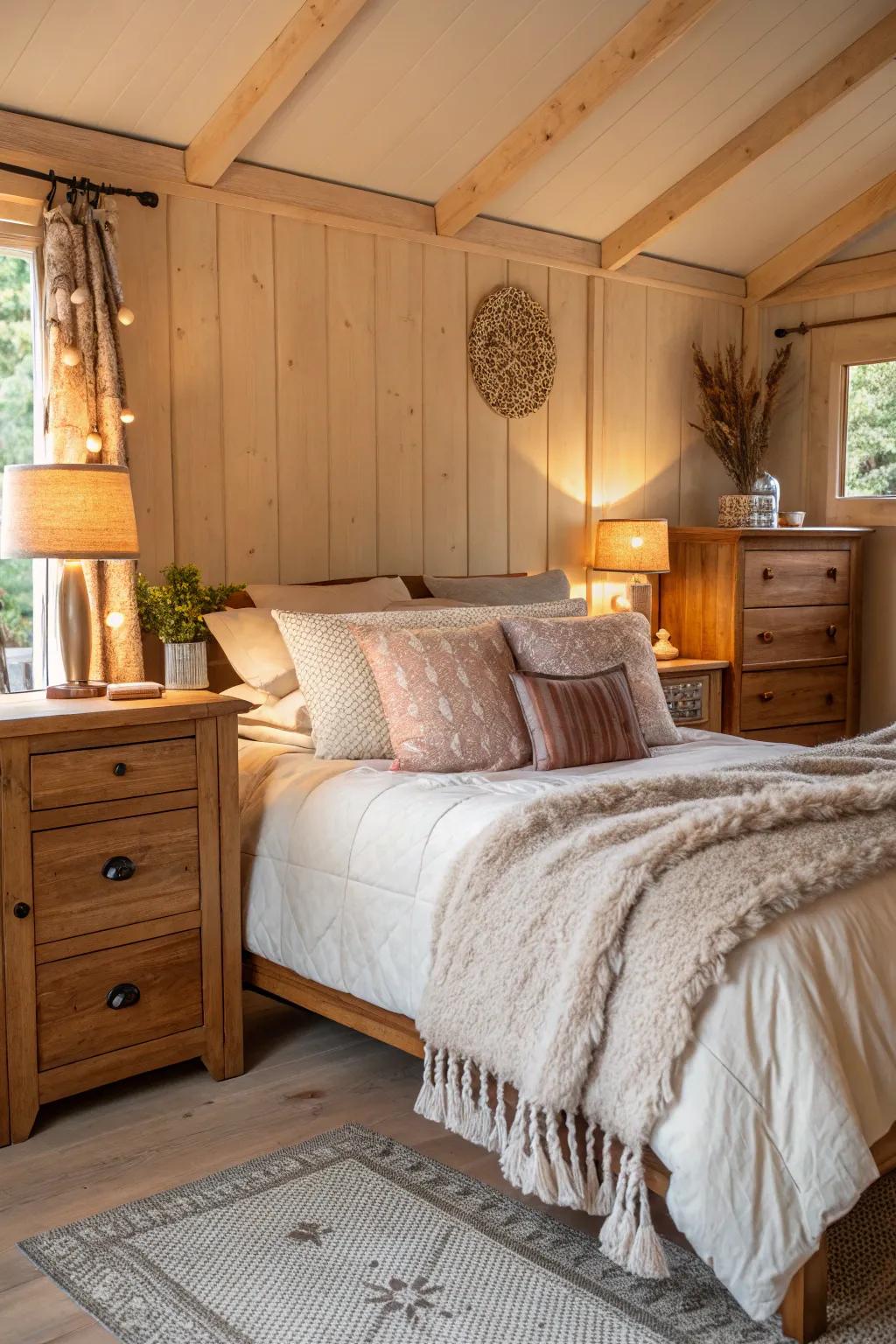 A bedroom filled with rich-toned wooden furniture, fostering a snug, welcoming ambiance.