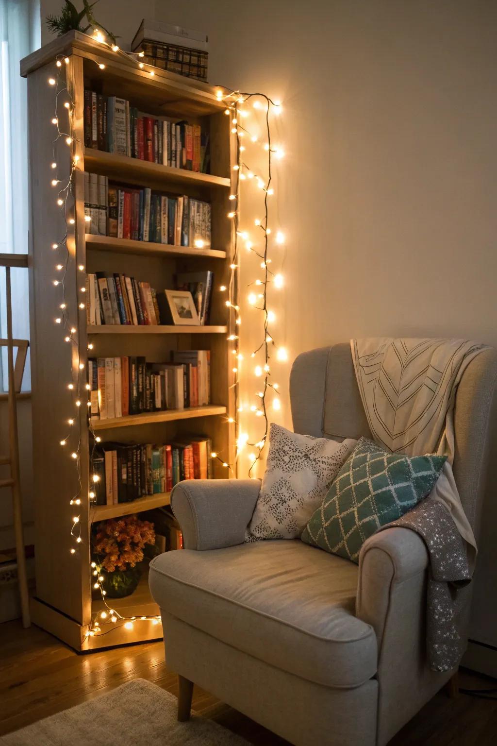 Reading space that has twinkle lights wrapped near a bookshelf.