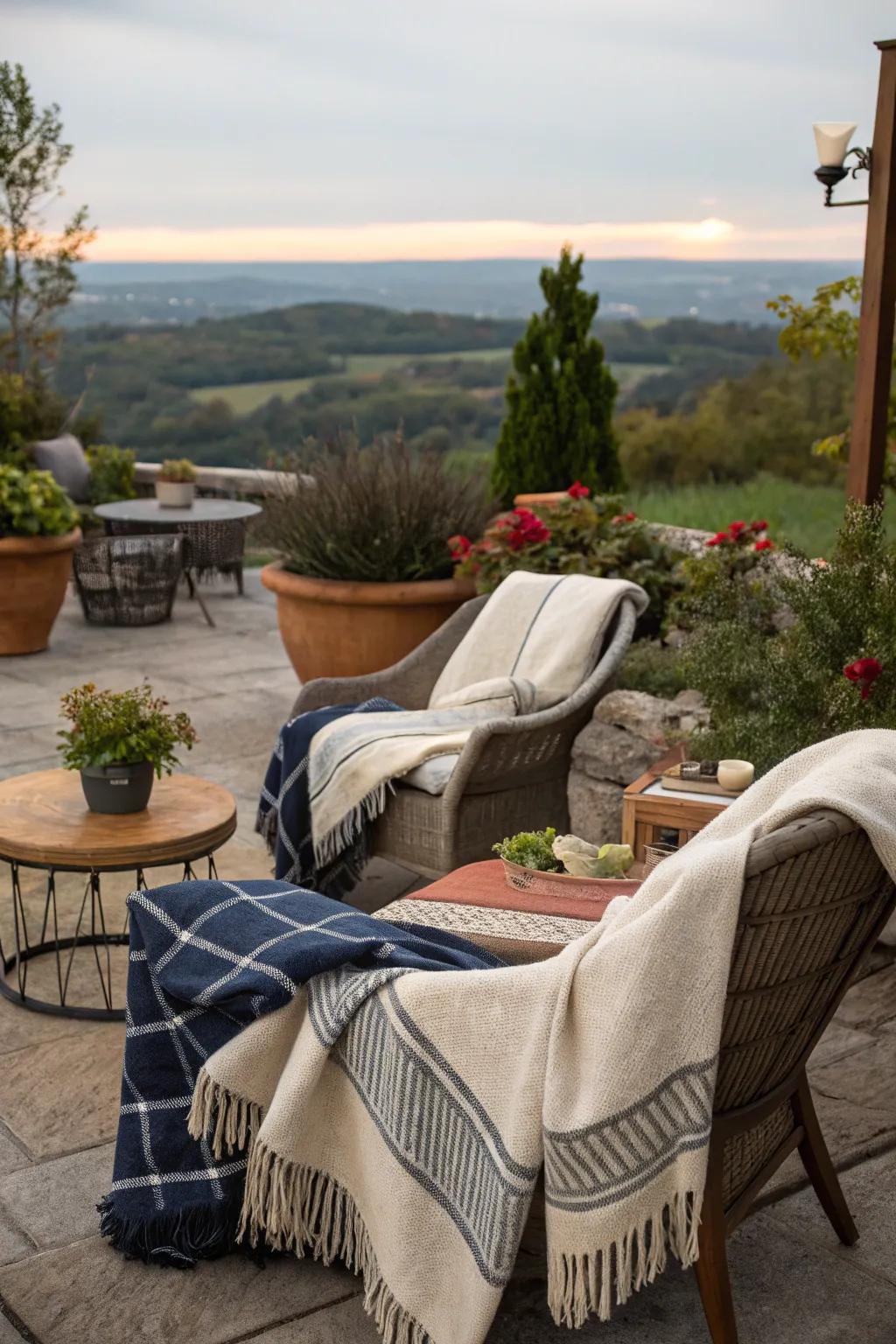 Throw blankets bring extra warmth to outdoor spaces.