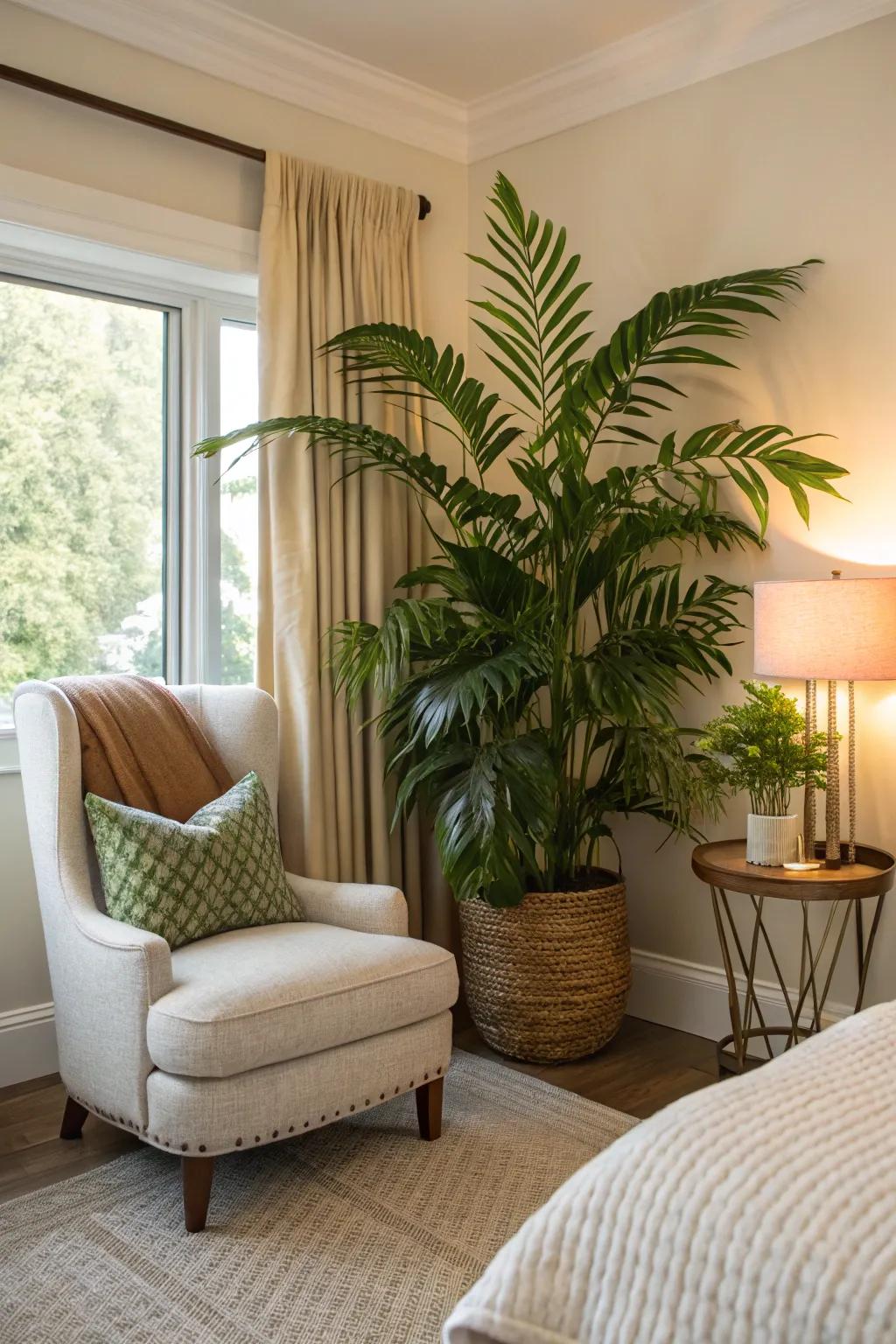 A statement plant brings boldness and a natural touch to any bedroom setting.