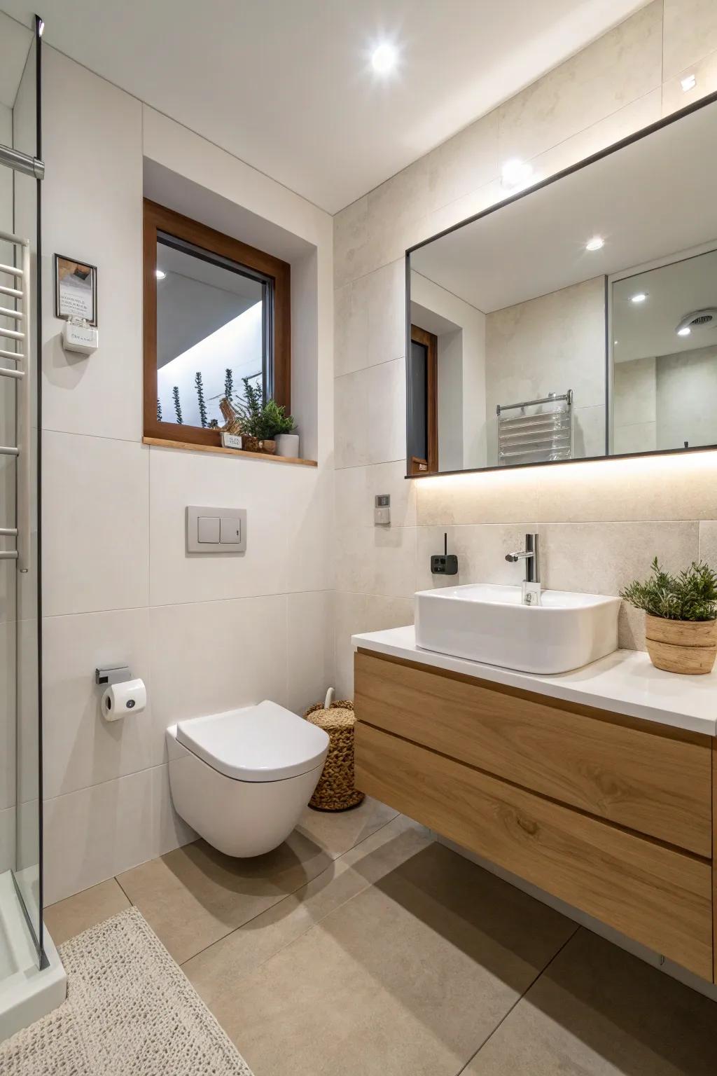 A bathroom featuring floating fixtures for a spacious effect.