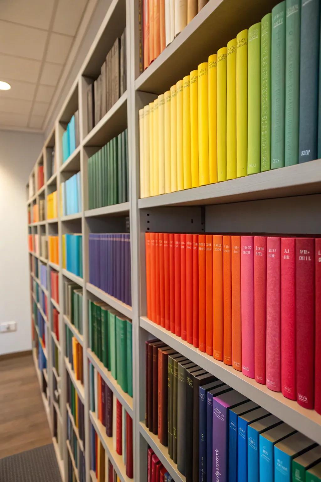 Convert your bookshelf into a lively rainbow using arrangements sorted by color.