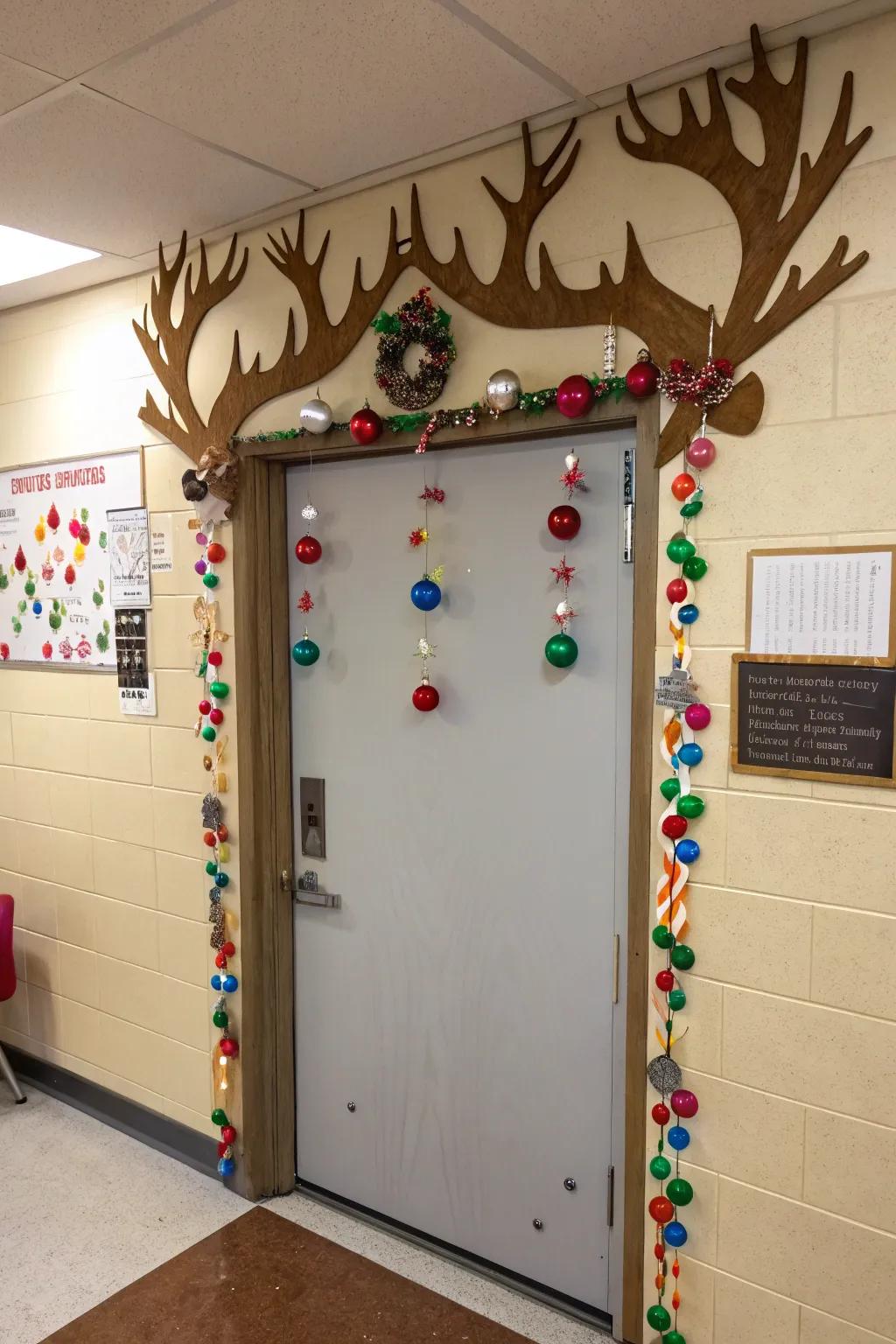 A classroom door with huge reindeer antlers, decorated with student-made ornaments.