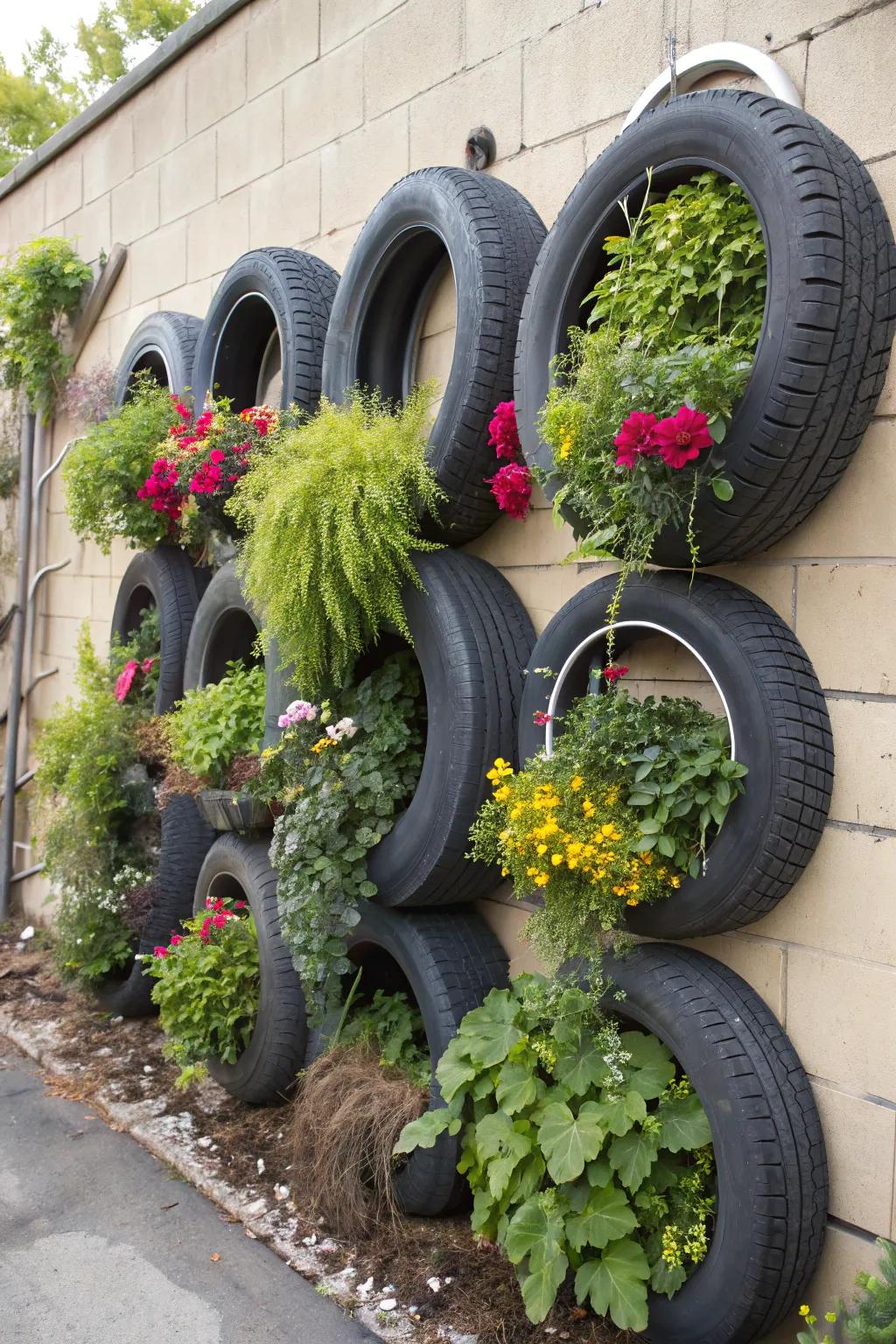 Creative upright tire garden enlivening a wall with plant life.
