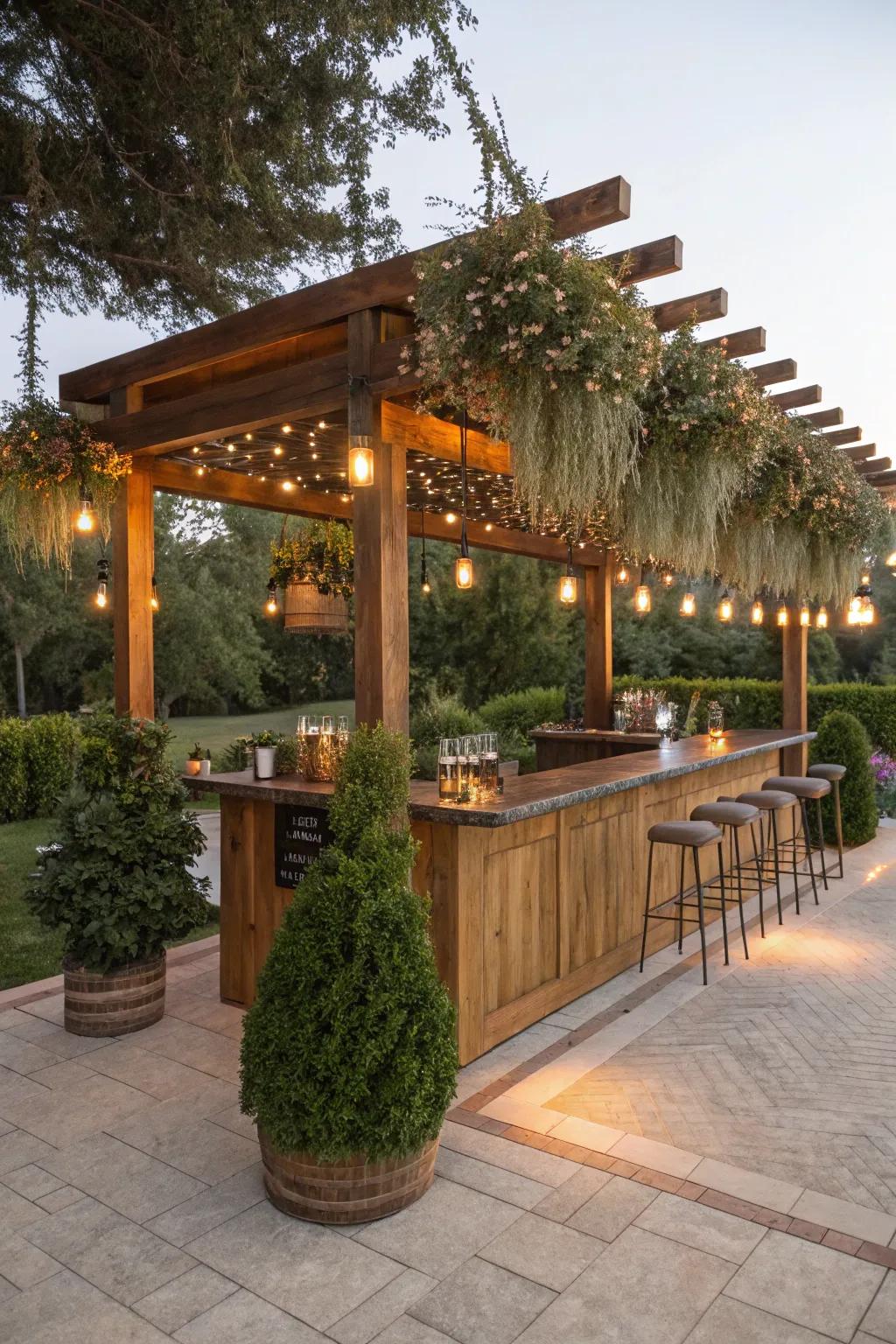 An arbor introduces sophistication and utility to this outdoor bar.