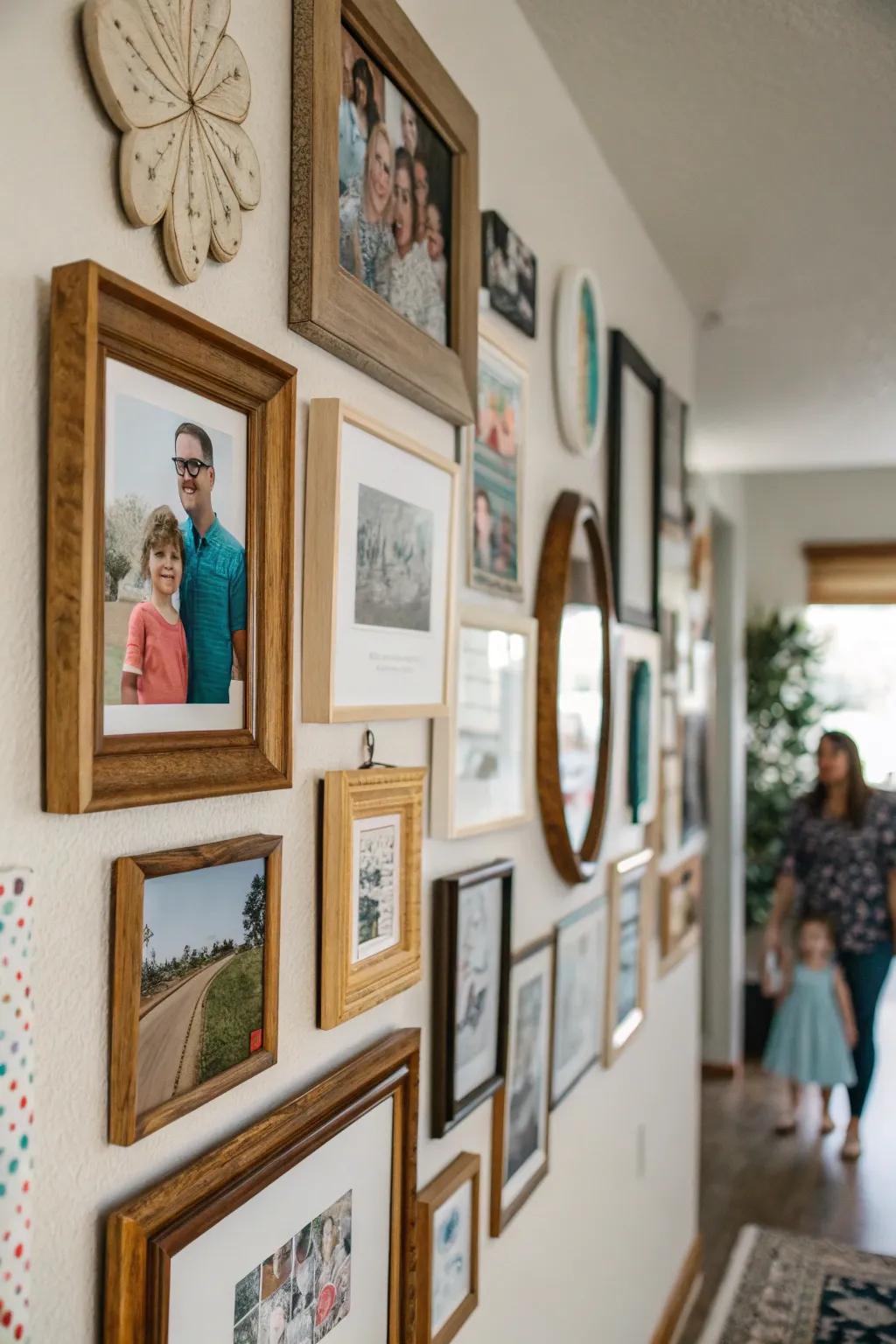 A curated gallery wall that is filled with both memories and artistic expressions.