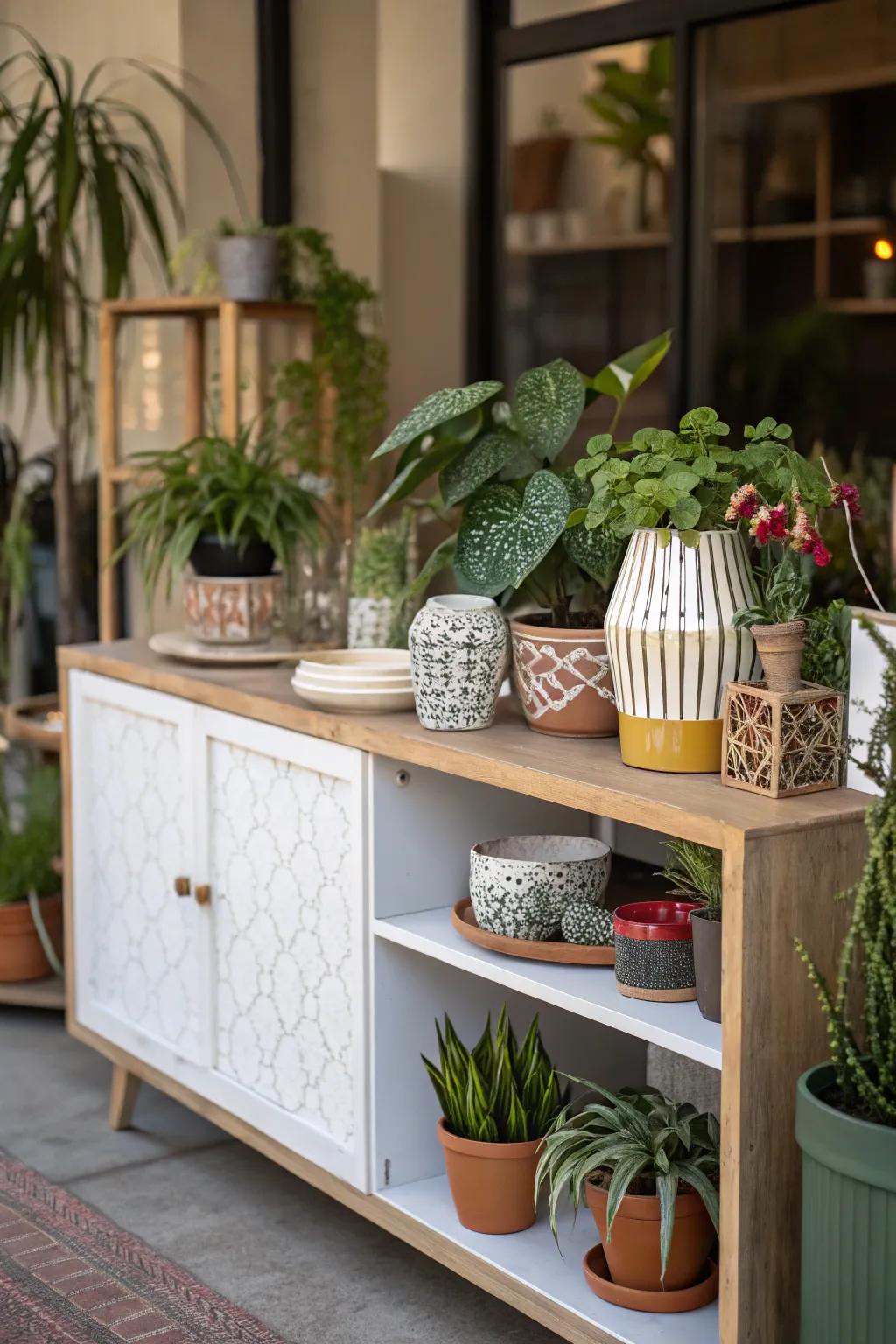 A sideboard beautifully enhanced with greenery.