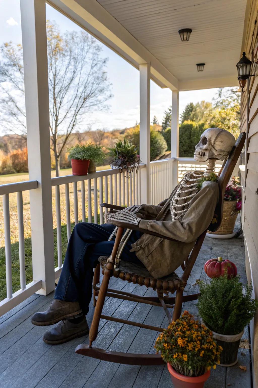 A skeleton greeter gives a humorous Halloween welcome.
