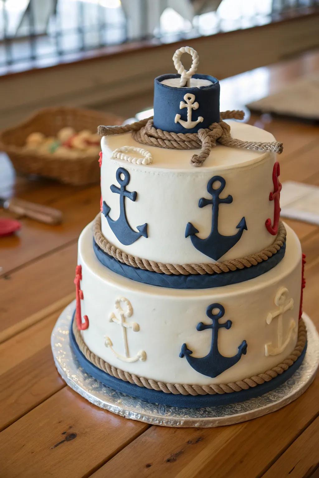 Maritime details like anchors and ropes bring charm to this cake.