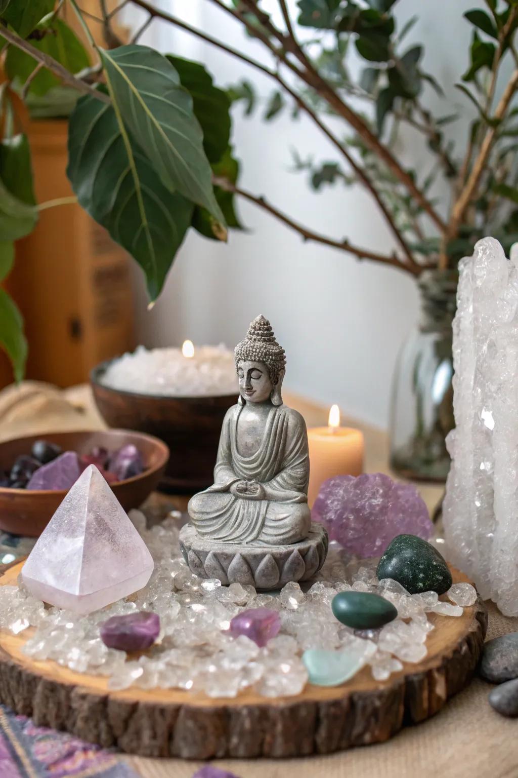 Spiritual icons bring richness to this crystal altar.