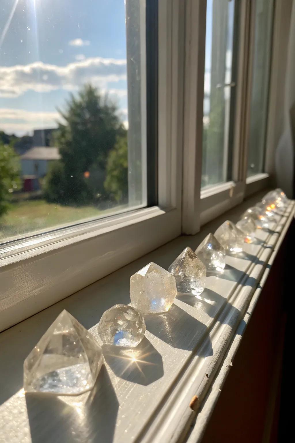 Crystals on a windowsill catching and bouncing sunlight.