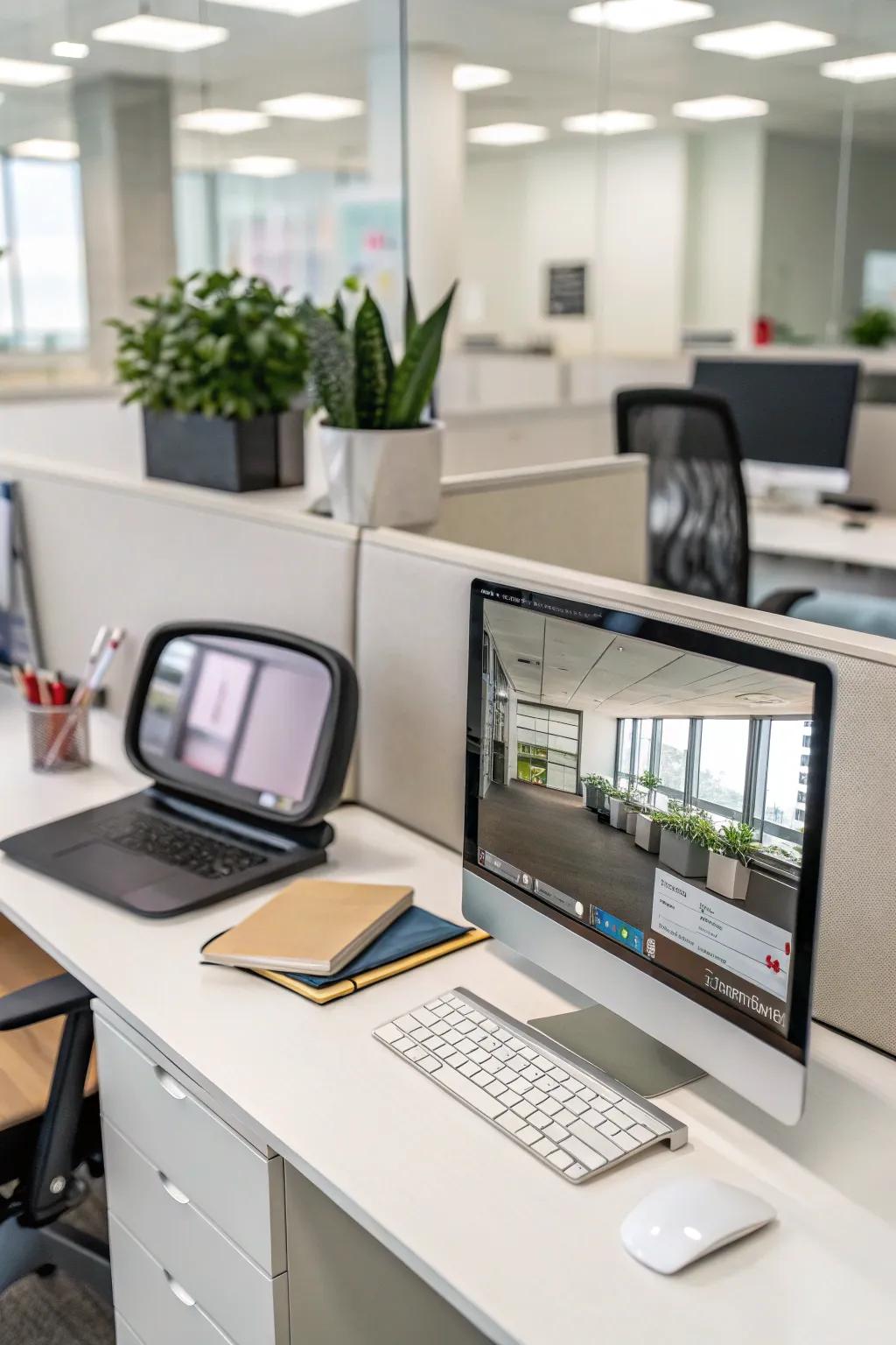 A clip-on mirror gives visibility behind you without using desk space.