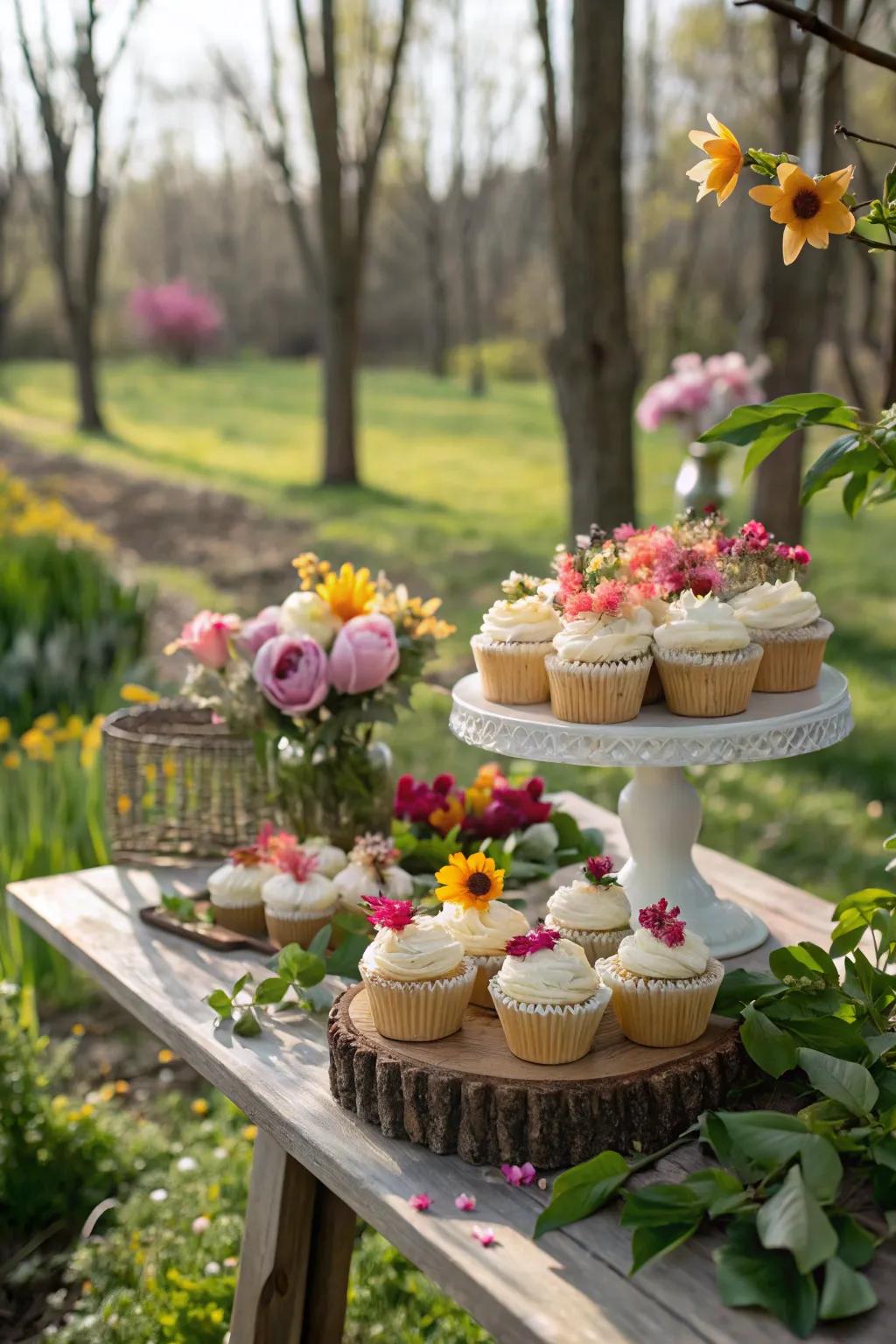 A garden setting enhances the natural appearance of the cupcake display.