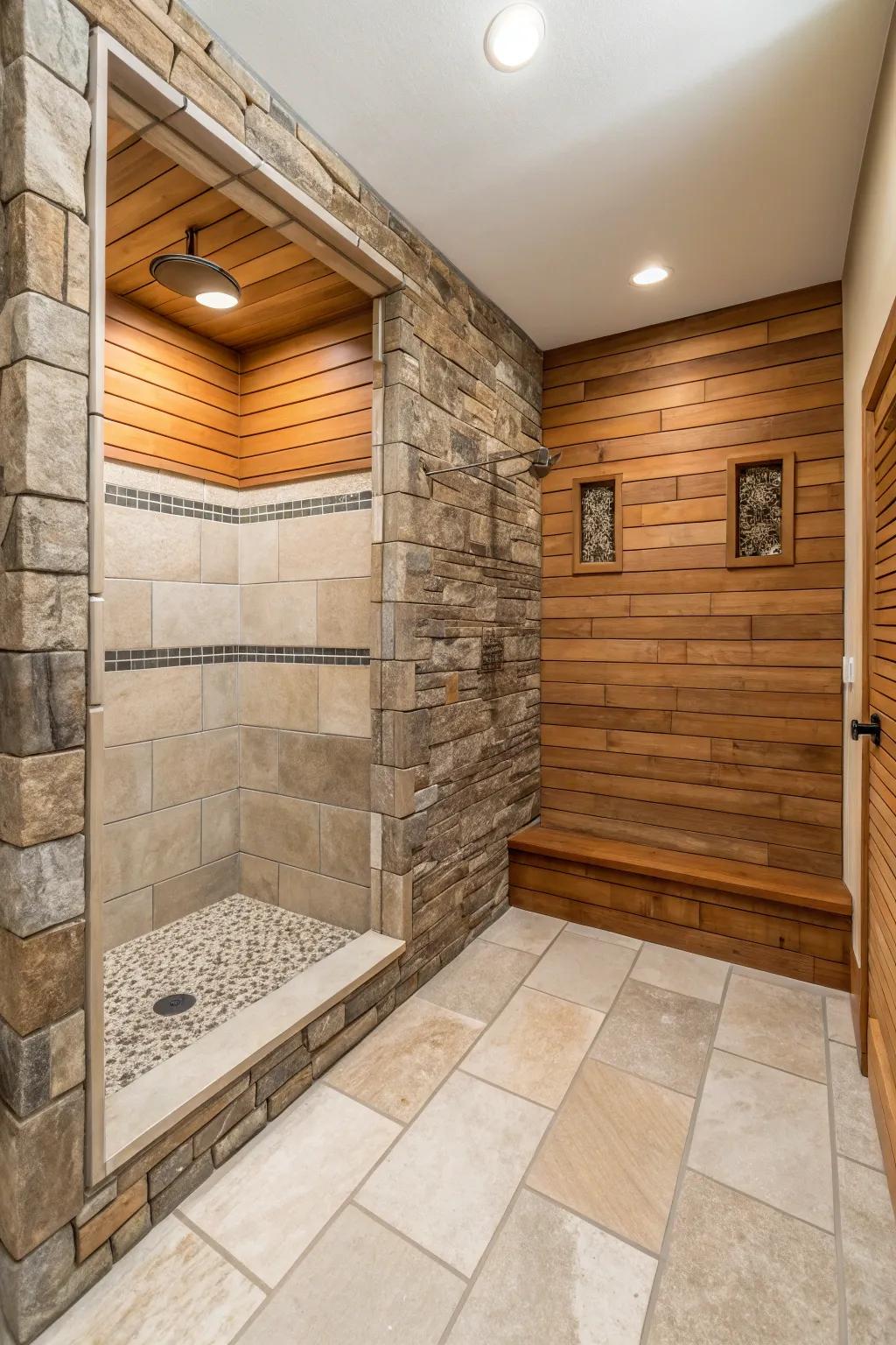 A balanced mix of materials creates a unique and inviting shower space.