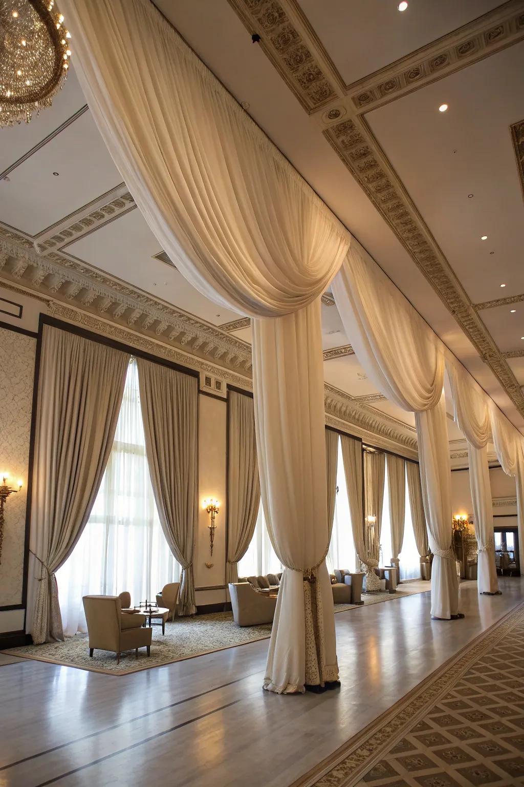 High-hanging drapes contribute elegance to any setting.