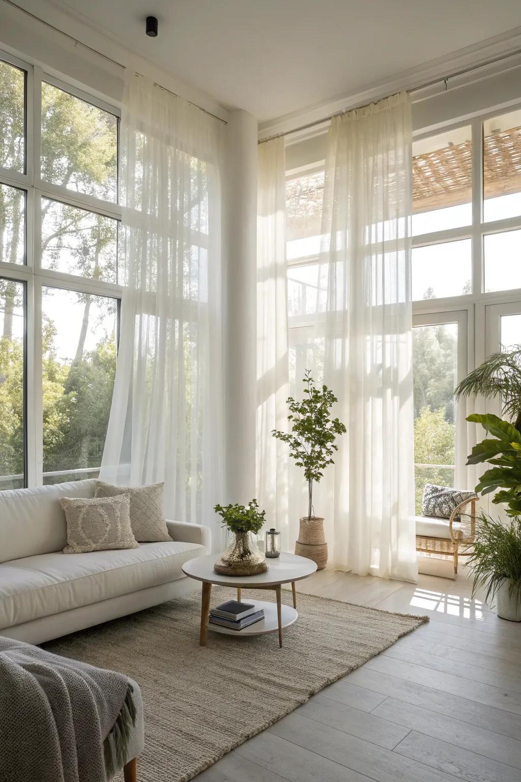 Light drapes provide seclusion while keeping the room bright and airy.