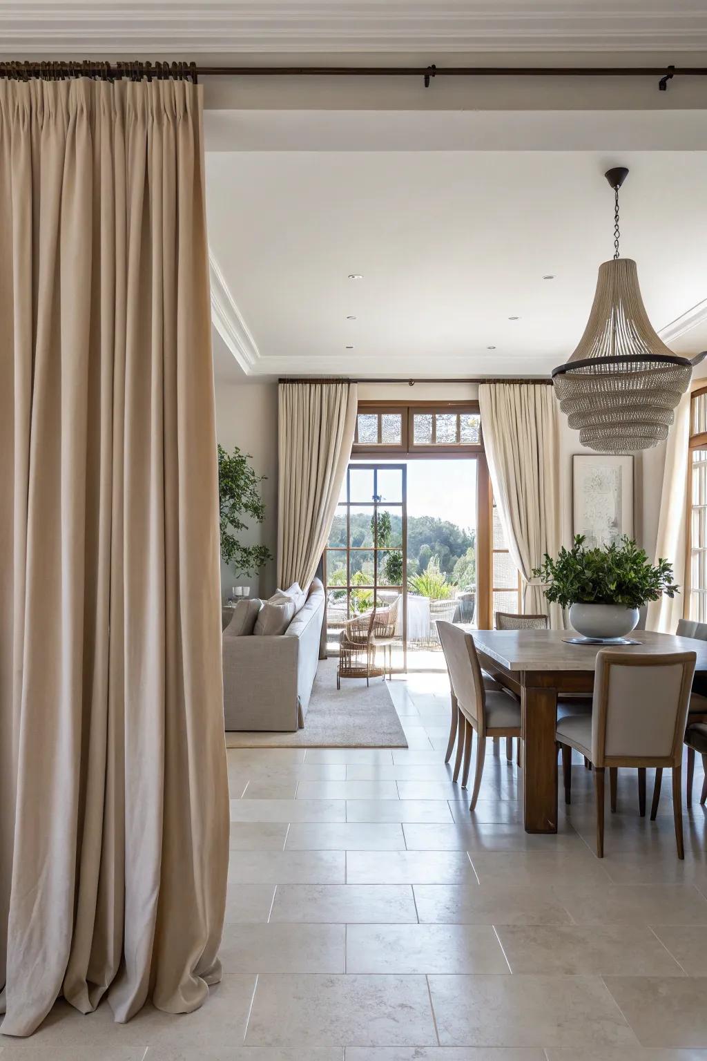 Neutral curtains create defined zones in an open-concept layout.