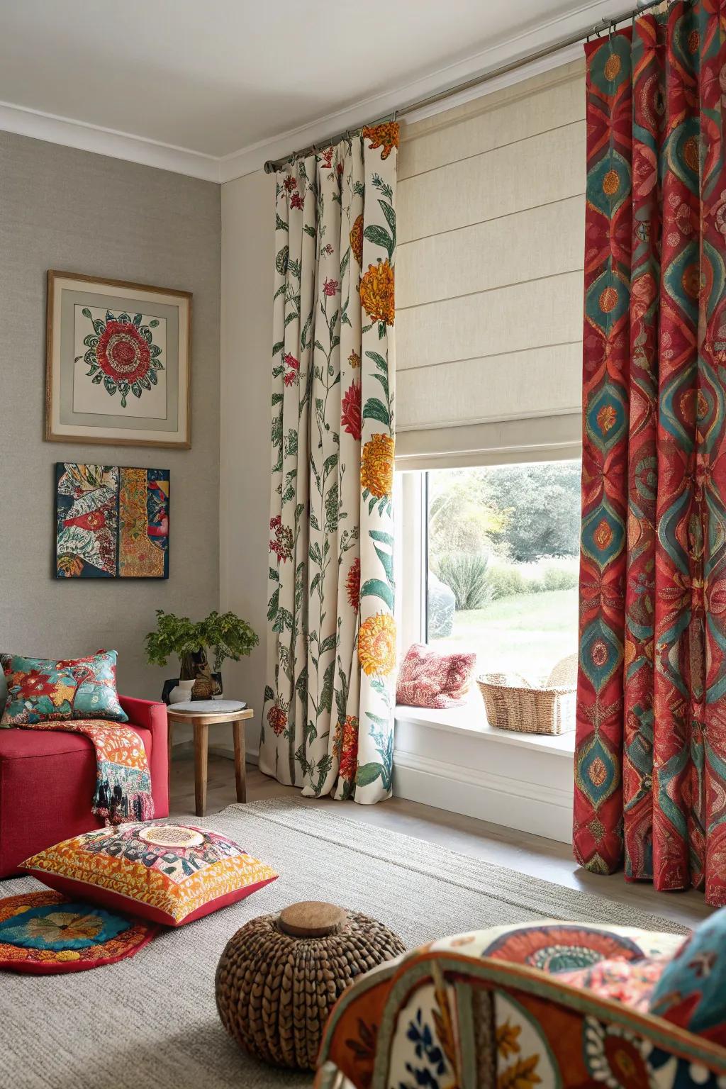 Eye-catching designs over understated blinds create a striking visual.