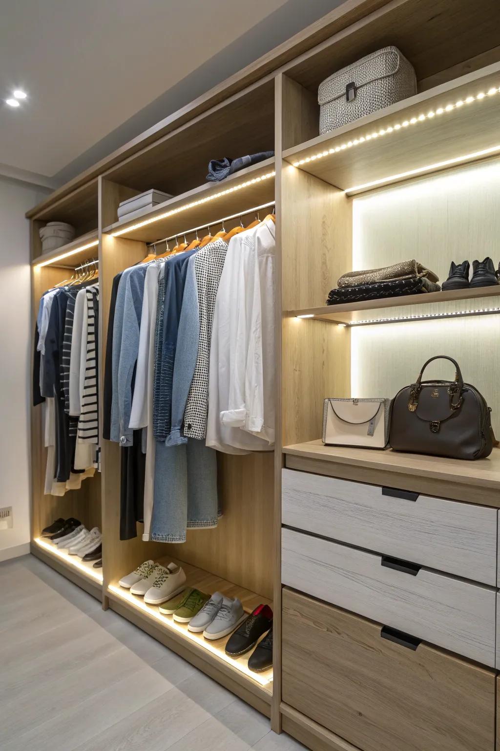 Inbuilt illumination enhances brightness and closet usability.