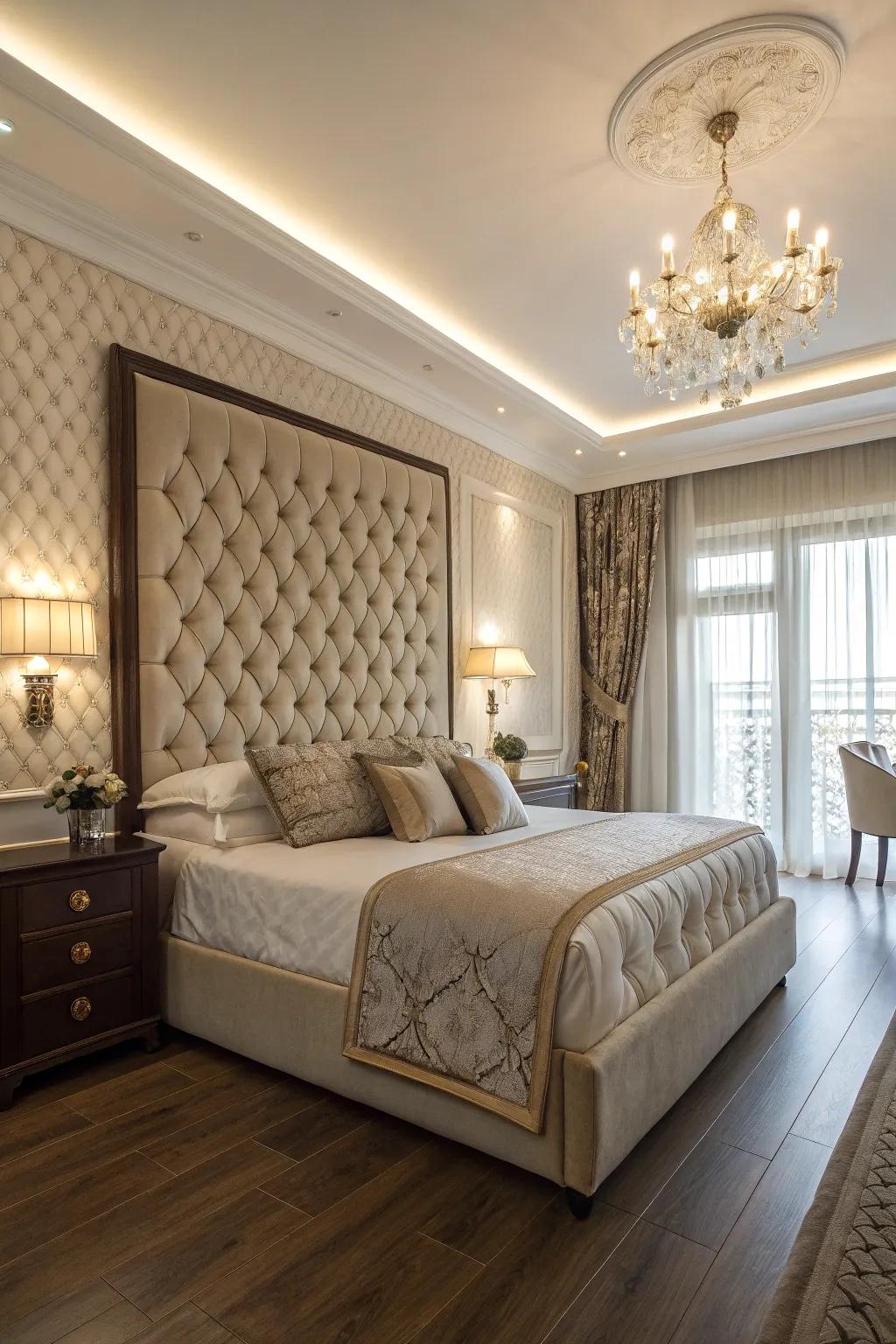 Bespoke padded bed feature adding refinement and relaxation to the bedroom