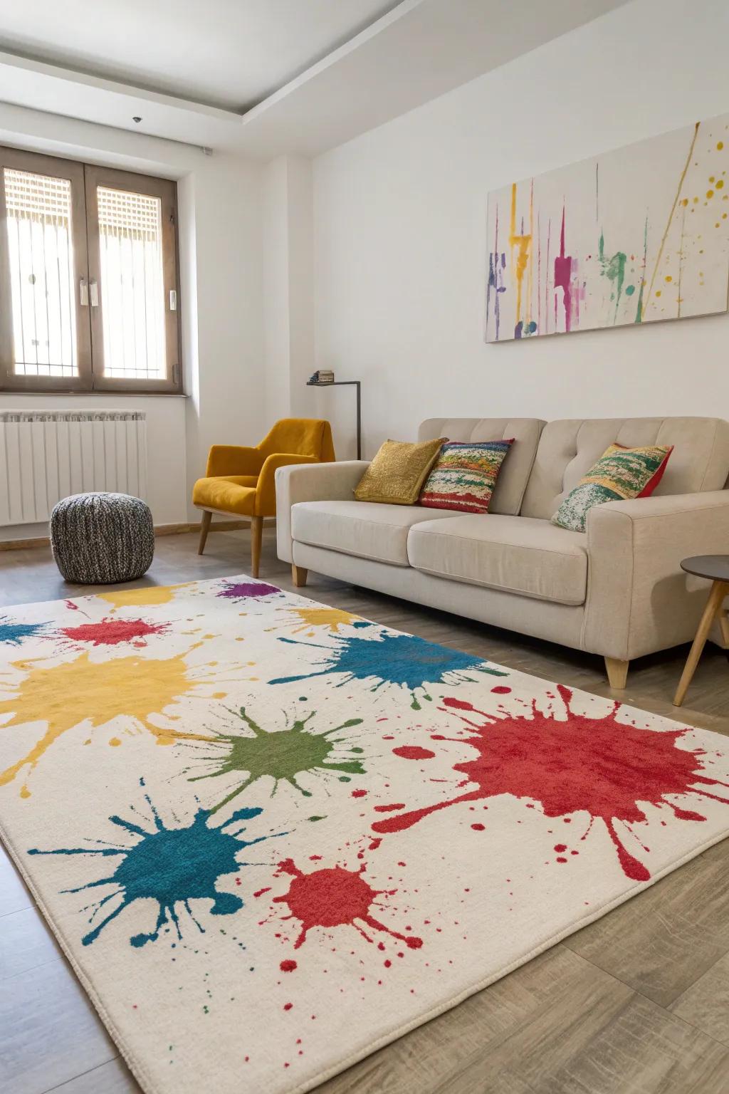 An artistic paint splatter rug injects bold energy into a minimalist space.