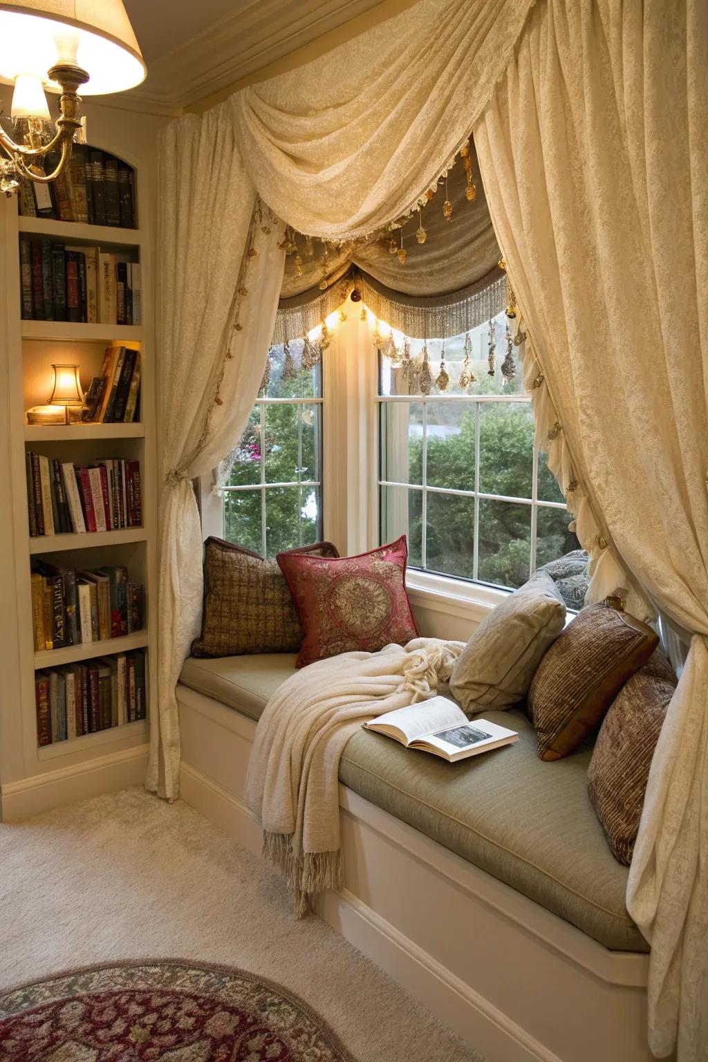Introduce dimension and opulence to your reading space with layered window toppers.