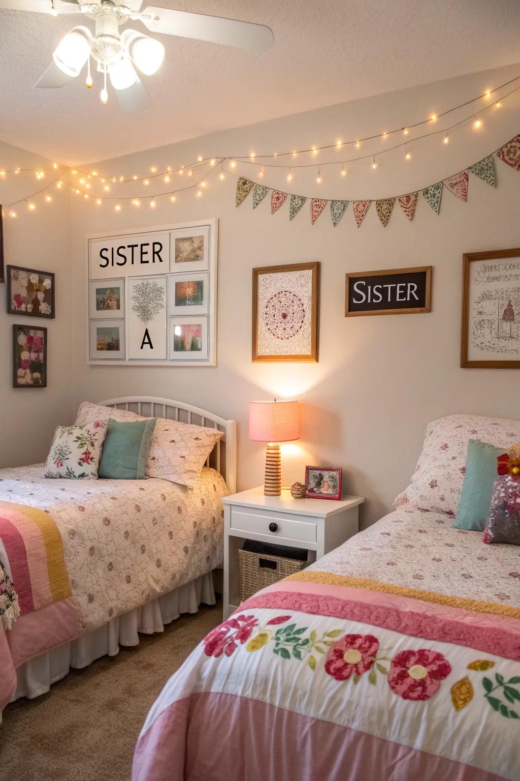 Unique personal touches added for each sister within a shared room.