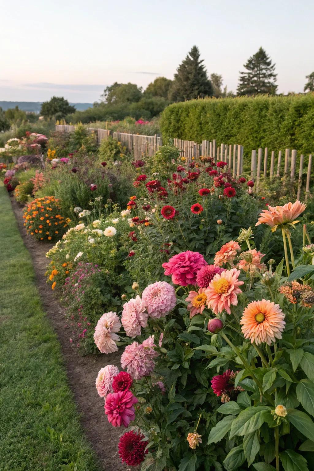 A vivid assortment of dahlias alongside other garden favorites.