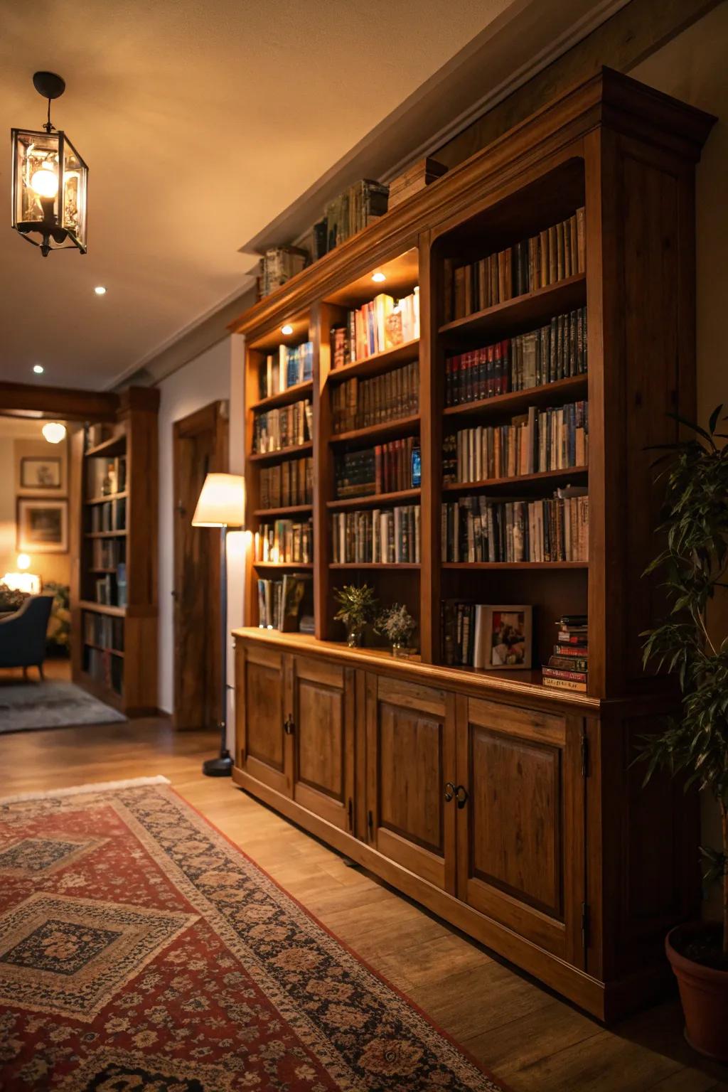 An expansive bookcase turns into the focal element of a dark academia living space.