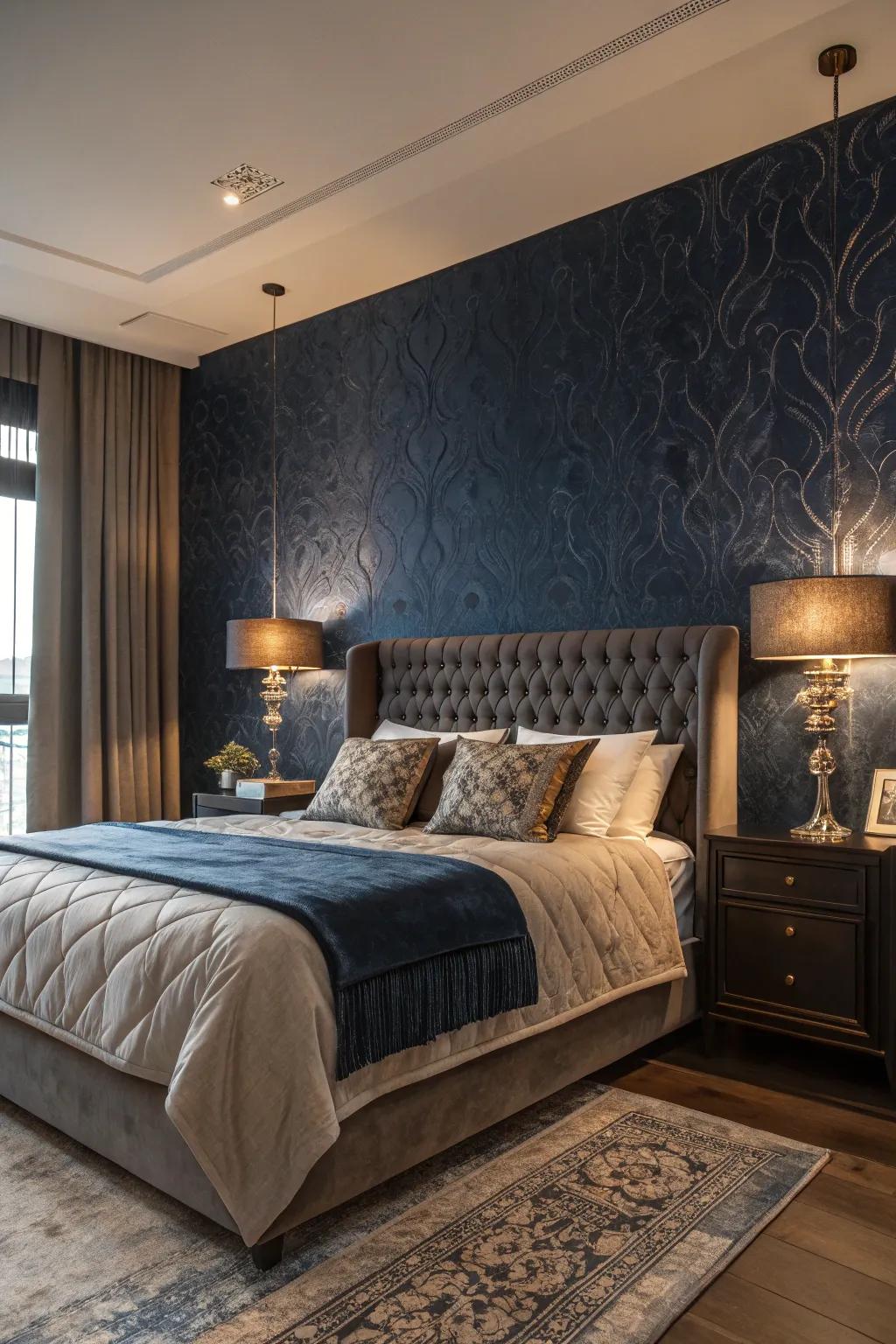 Textured deep blue wall coverings enrich your area.