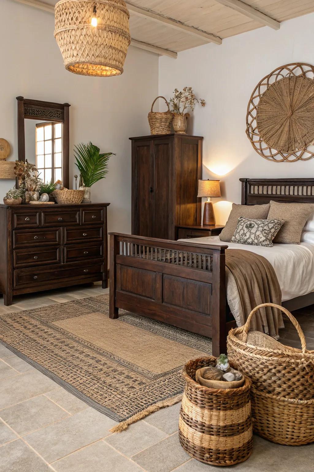 Natural textures enrich the robust presence of dark brown furniture.