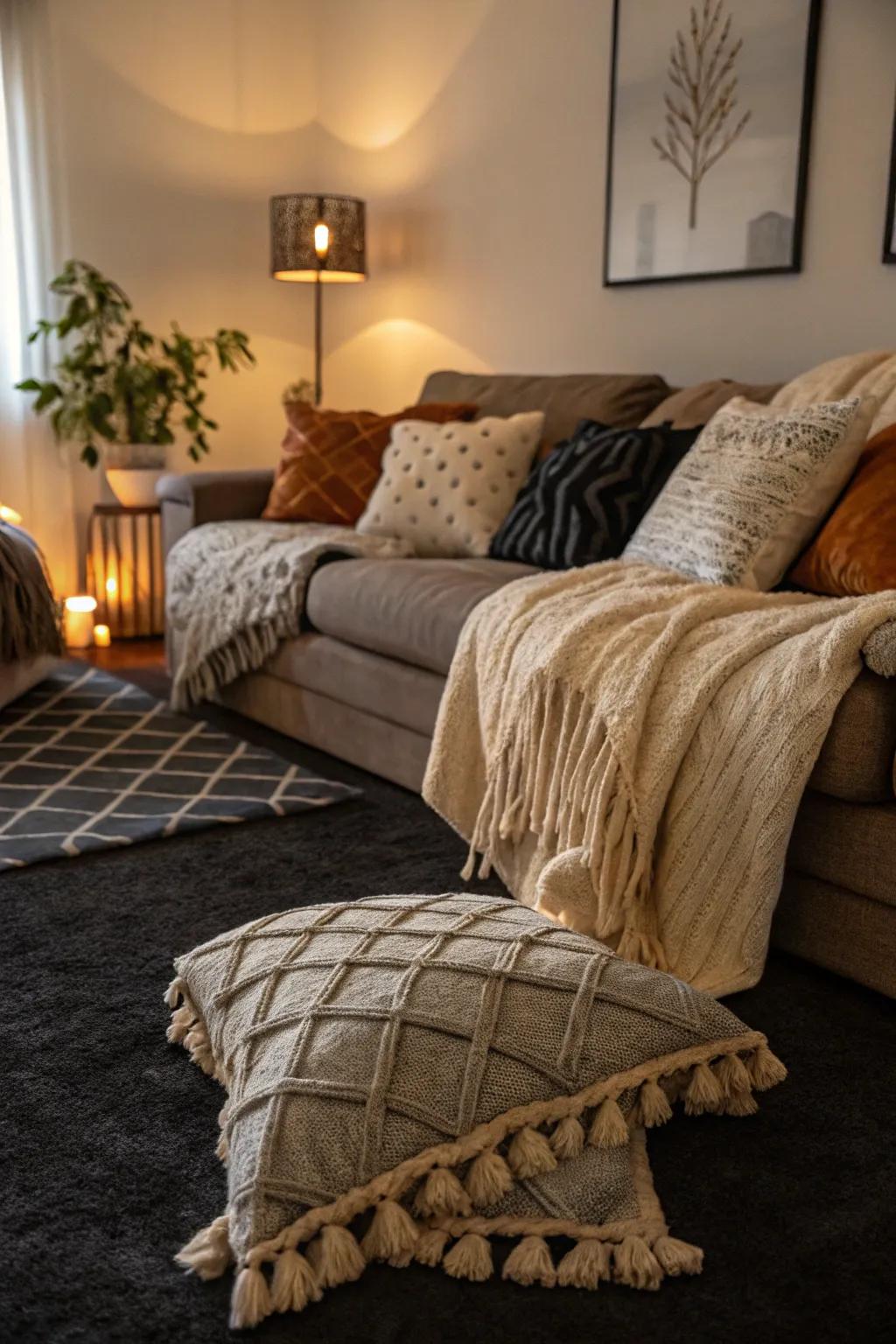 Layered fabrics enhance the coziness of a dark floor covering.