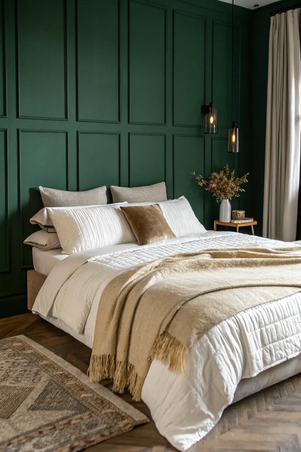 A dark green bedroom displaying layered bedding in white and cream shades.