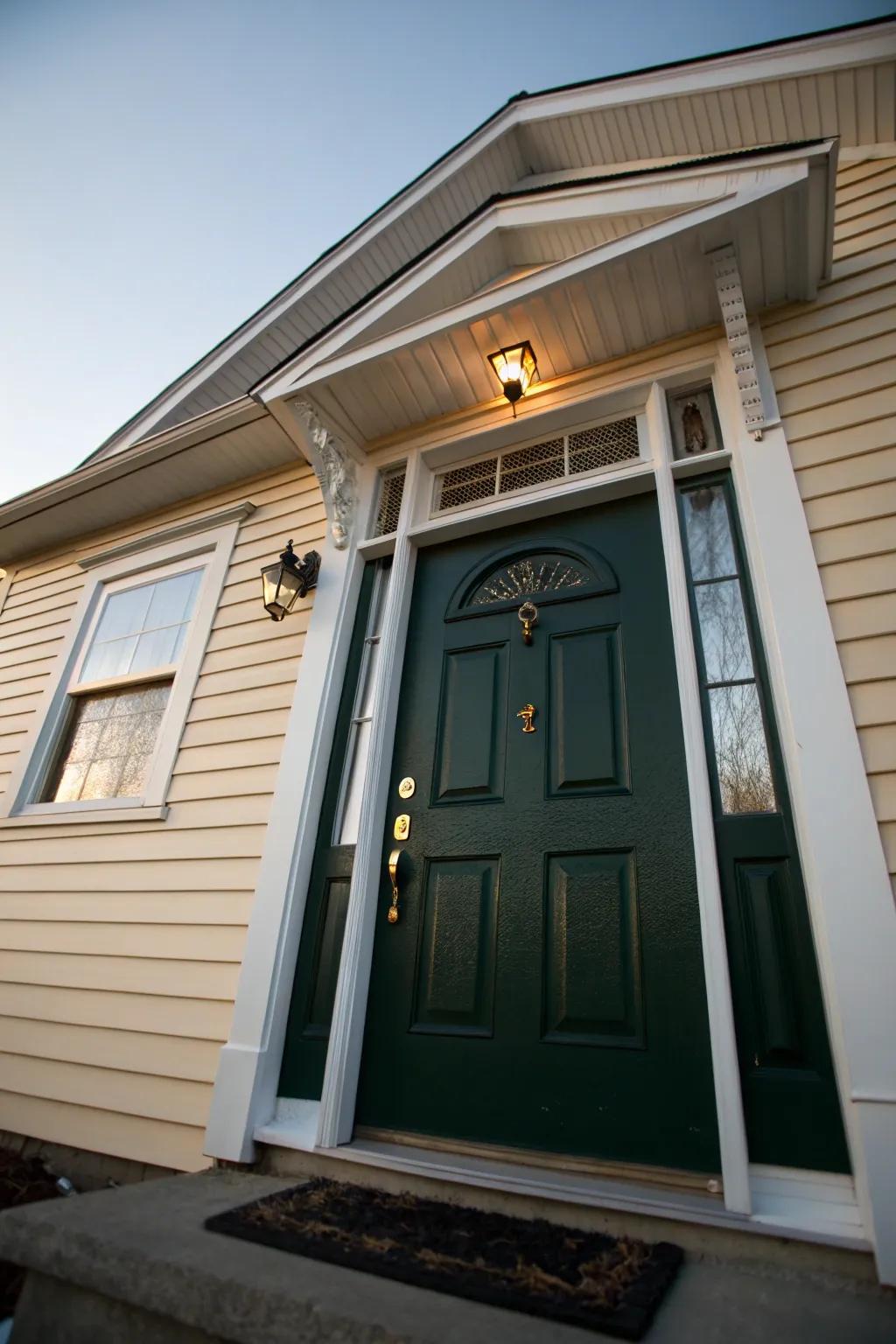 The dark green door is beautifully highlighted against a pale beige backdrop.