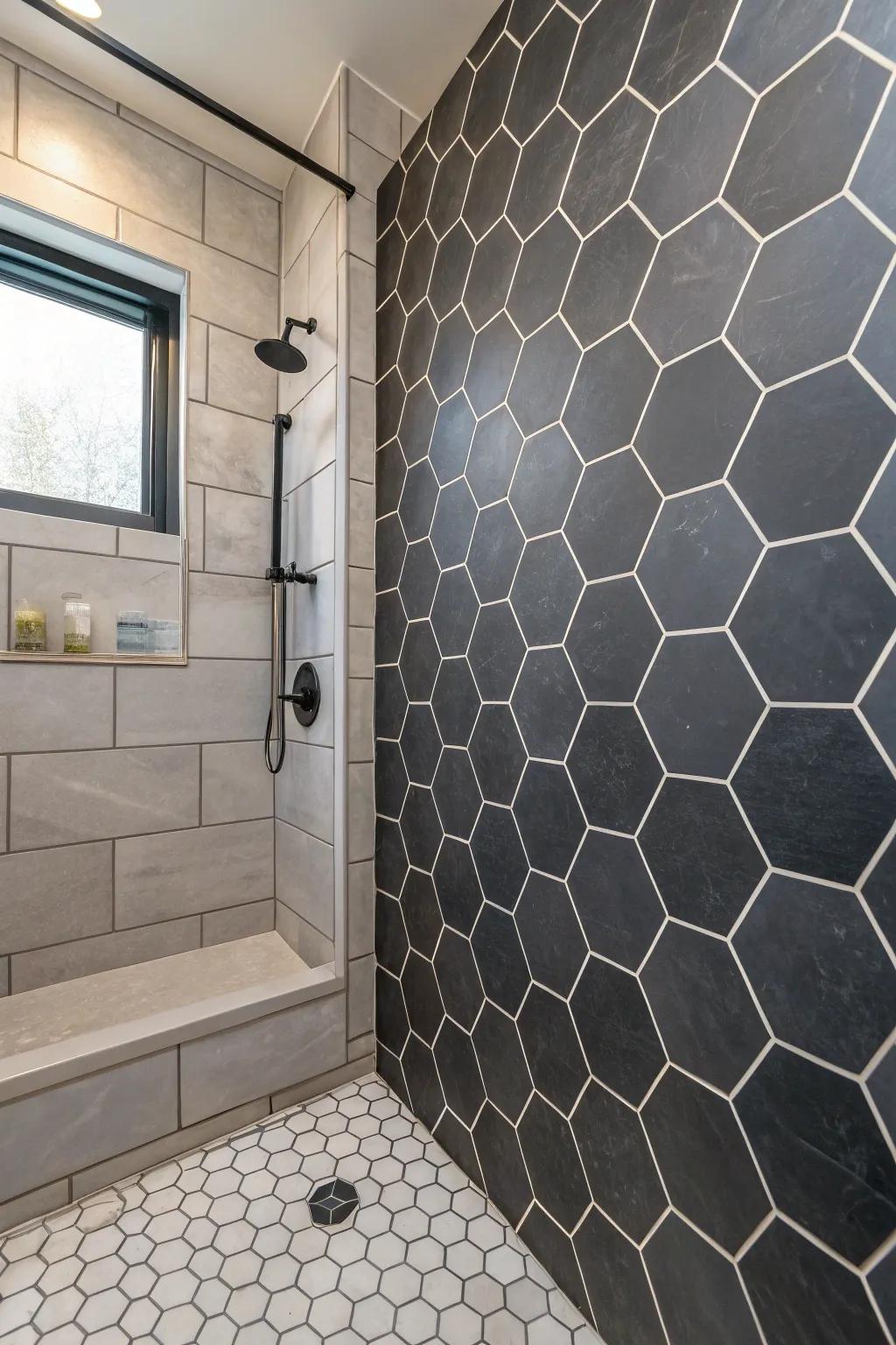 Hexagonal dark grey tiles add a modern geometric touch to the bathroom.