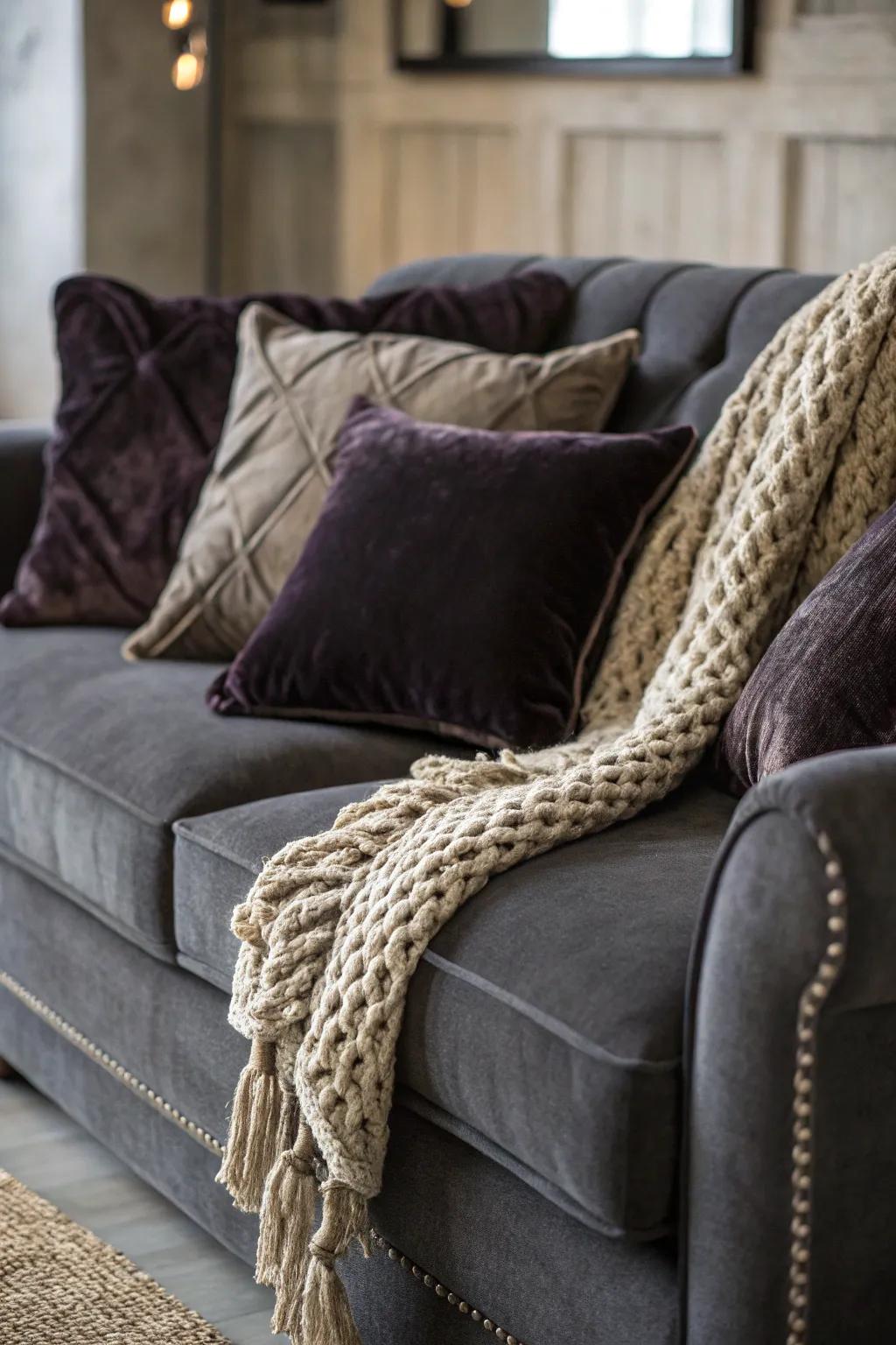 Textures establish a comfortable and inviting area around your dark grey couch.