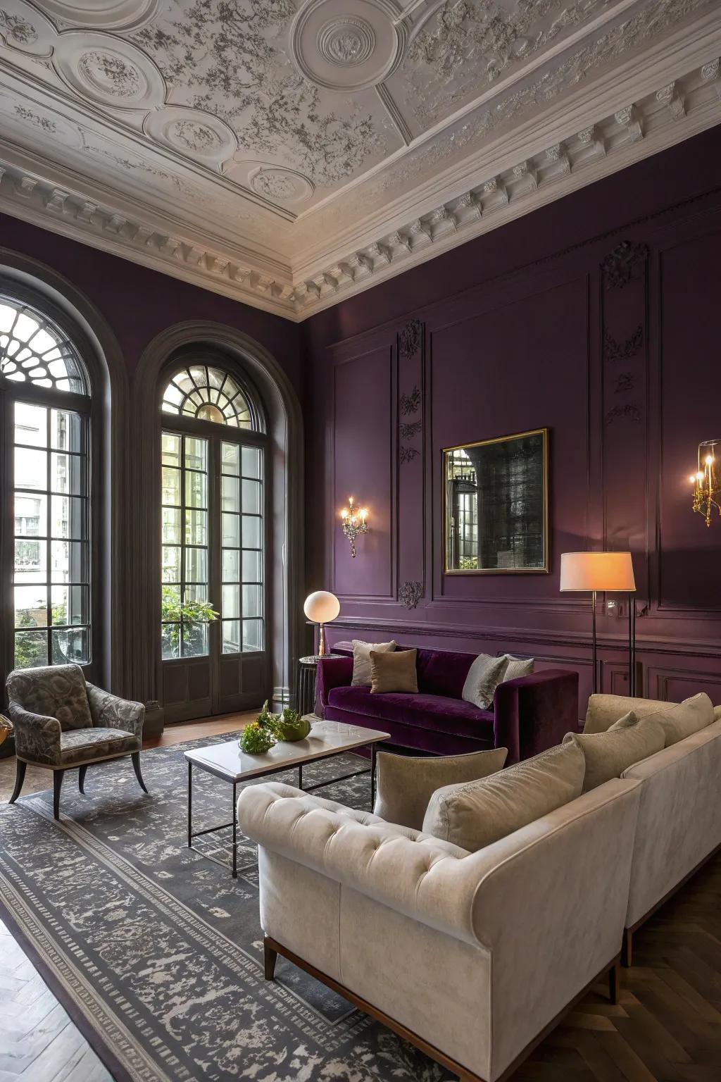 Deep violet walls compose a stunning context in this elegant lounge.