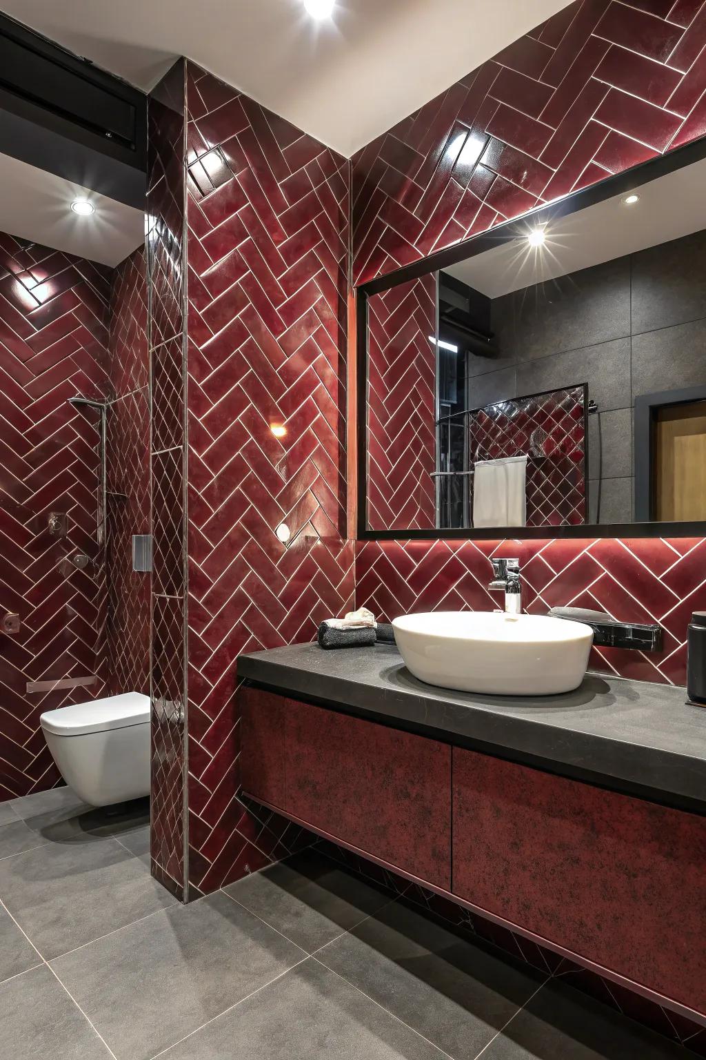 Patterned red mosaics introduce texture and visual interest to your bathroom.