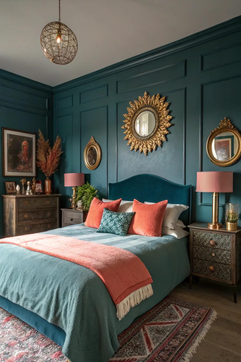 Coral and gold details add vibrancy to dark teal.