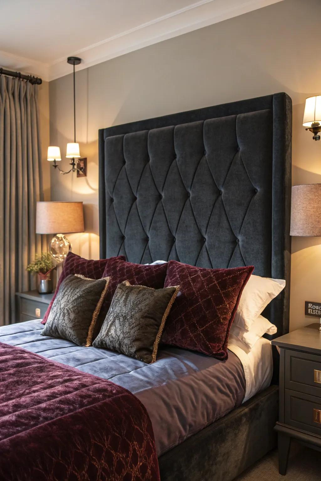 Velvety accents in dark shades enhance luxurious warmth to a retro-styled bedroom.
