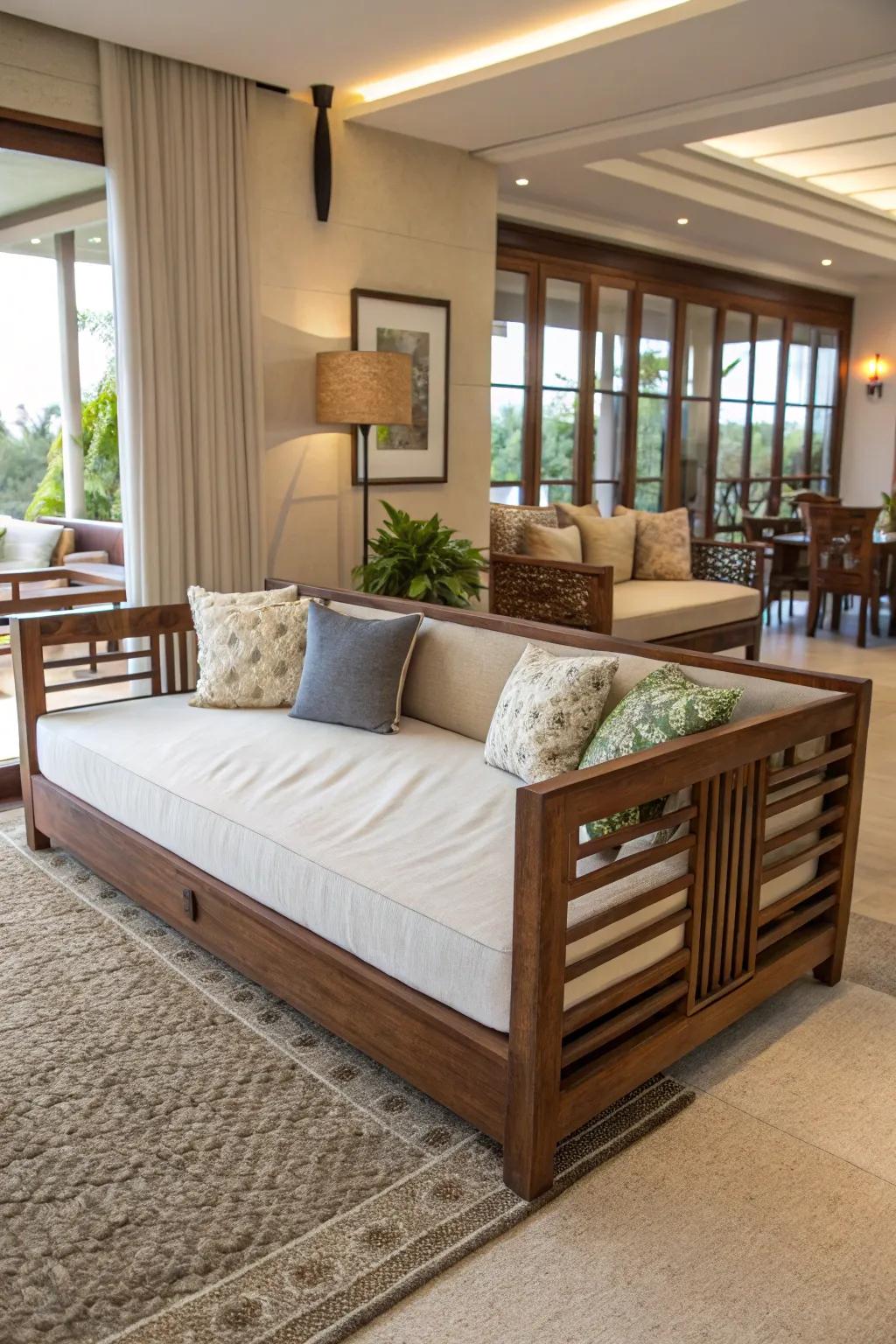 A daybed beautifully divides open living spaces.