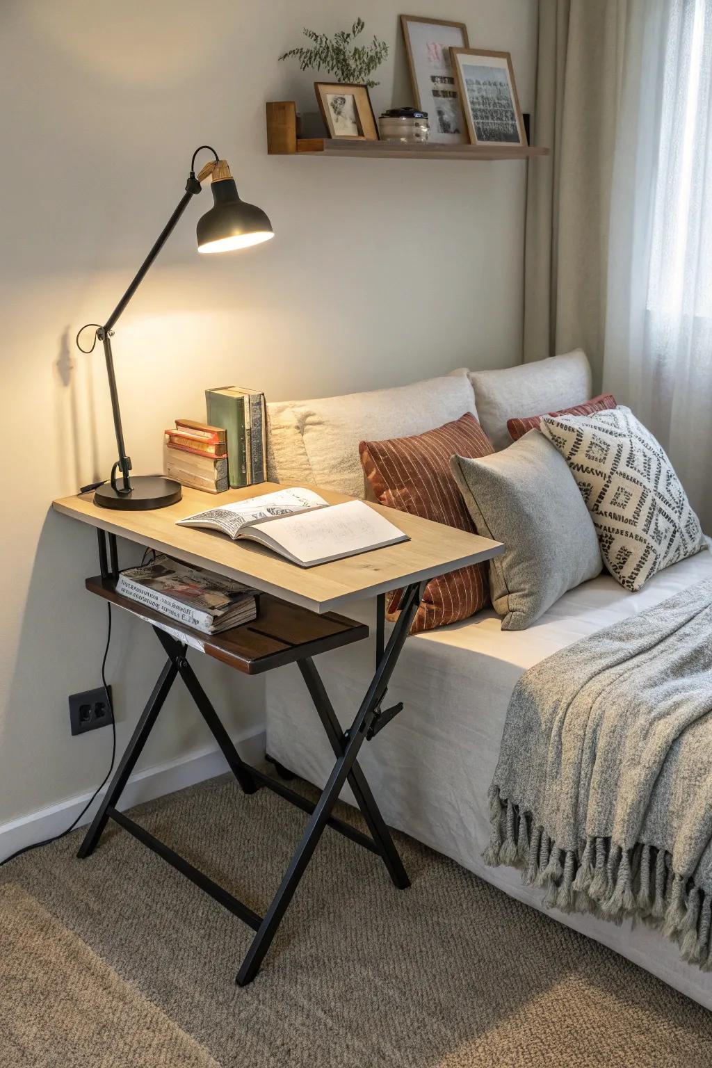 A collapsible desk provides versatility and efficiency in a compact space.