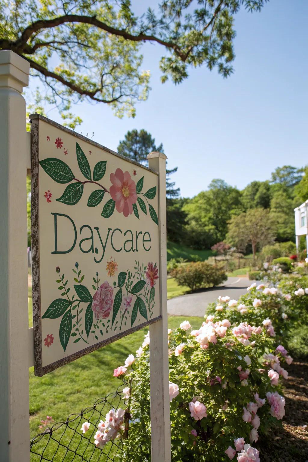 Signage inspired by nature fosters a serene and appealing atmosphere at the daycare entrance.