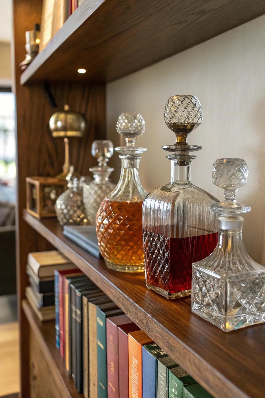 A diverse collection of glass vessels displayed on a shelf.