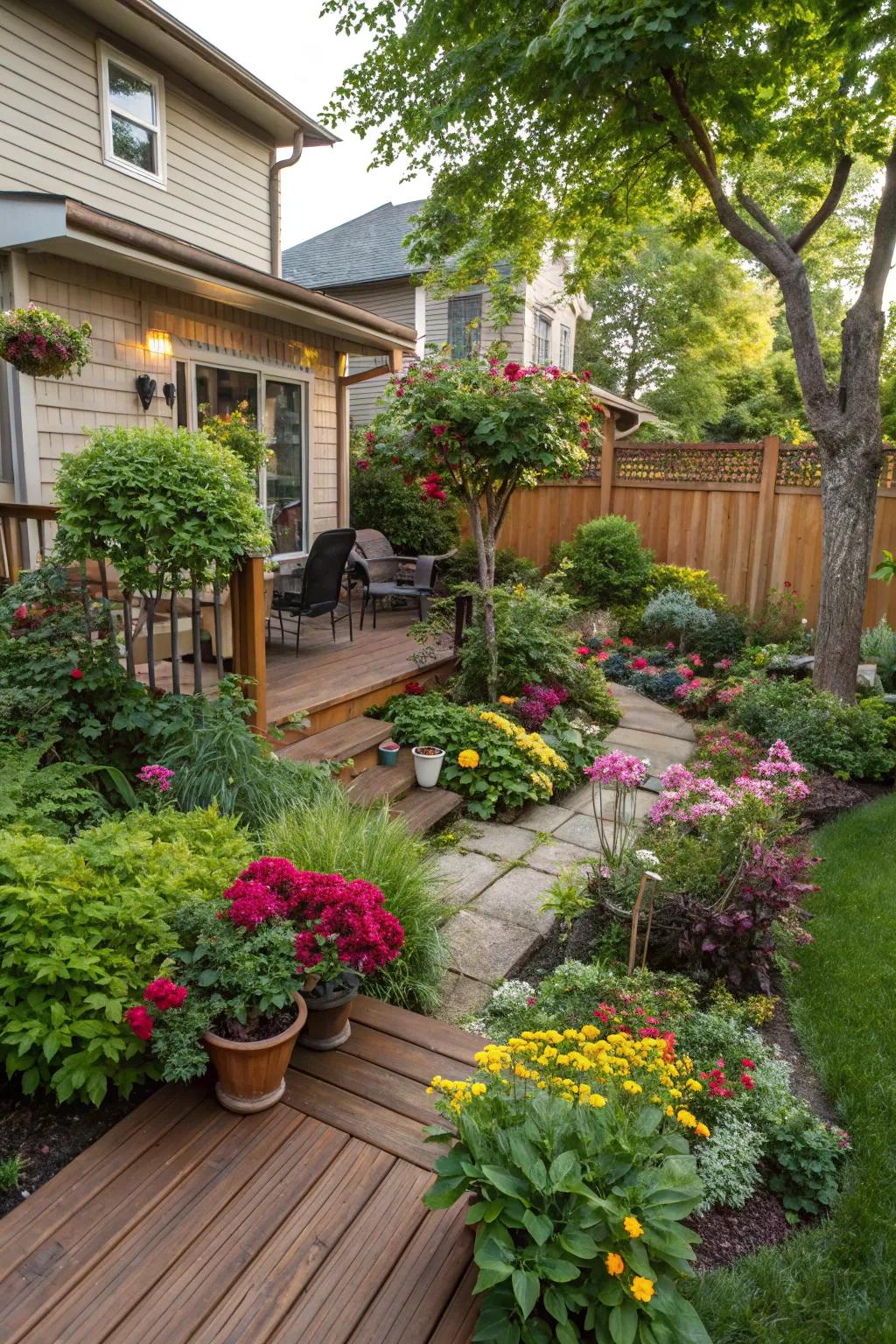 A wide array of plants enriches the deck with vibrant color and depth.
