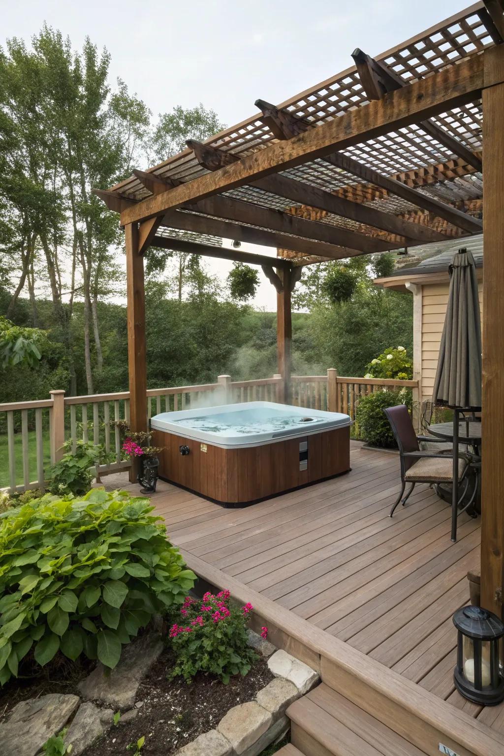 A chic arbor creating shade and structure over a hot tub.