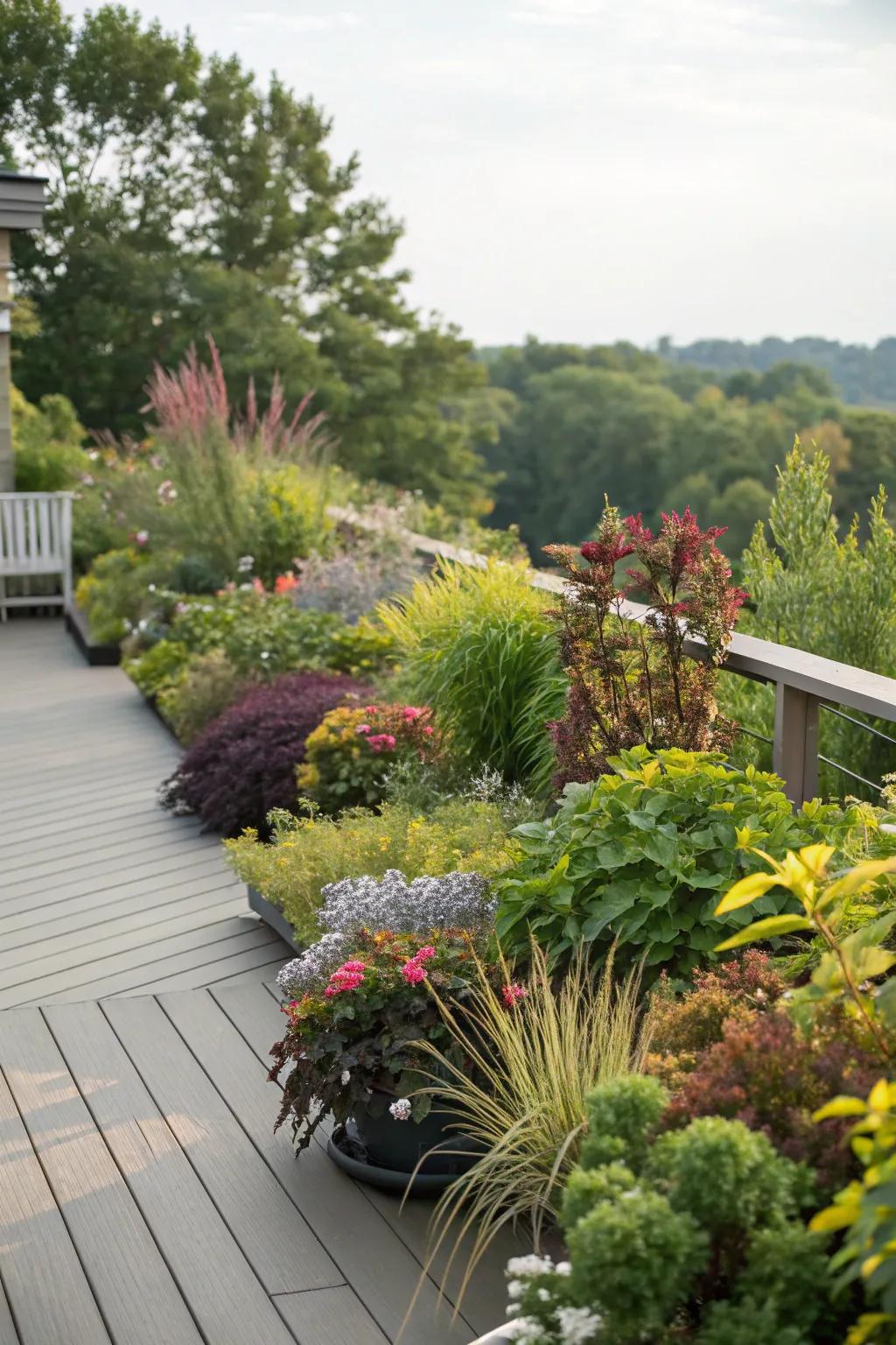 Different plant types create a lush, vibrant oasis.