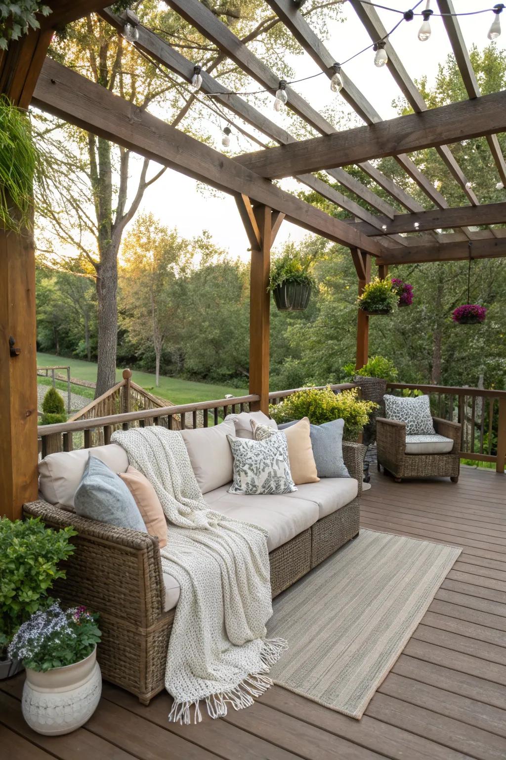 A cozy couch corner under a pergola, perfect for unwinding.