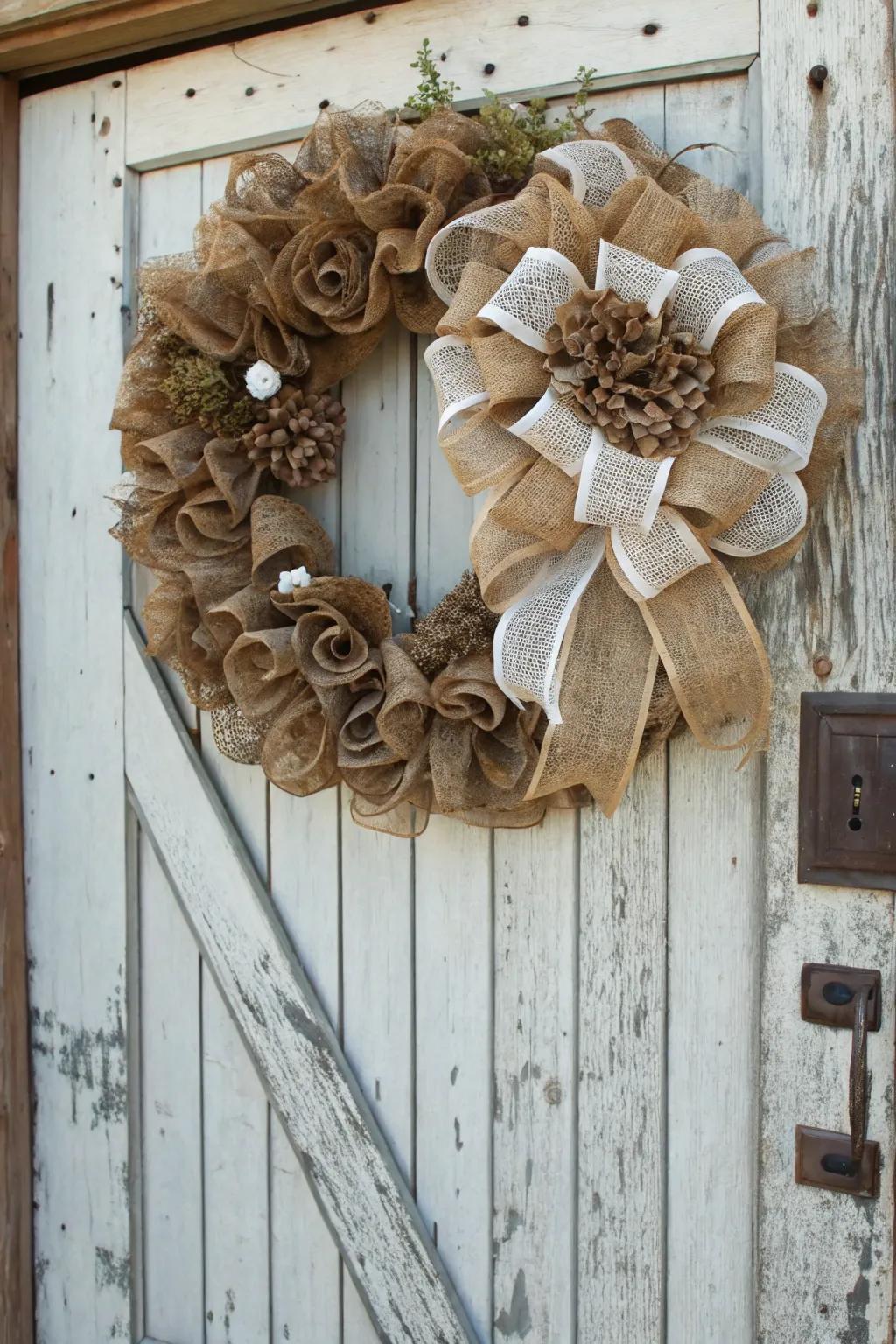 A rustic wreath combining deco mesh and burlap for a farmhouse-inspired aesthetic.